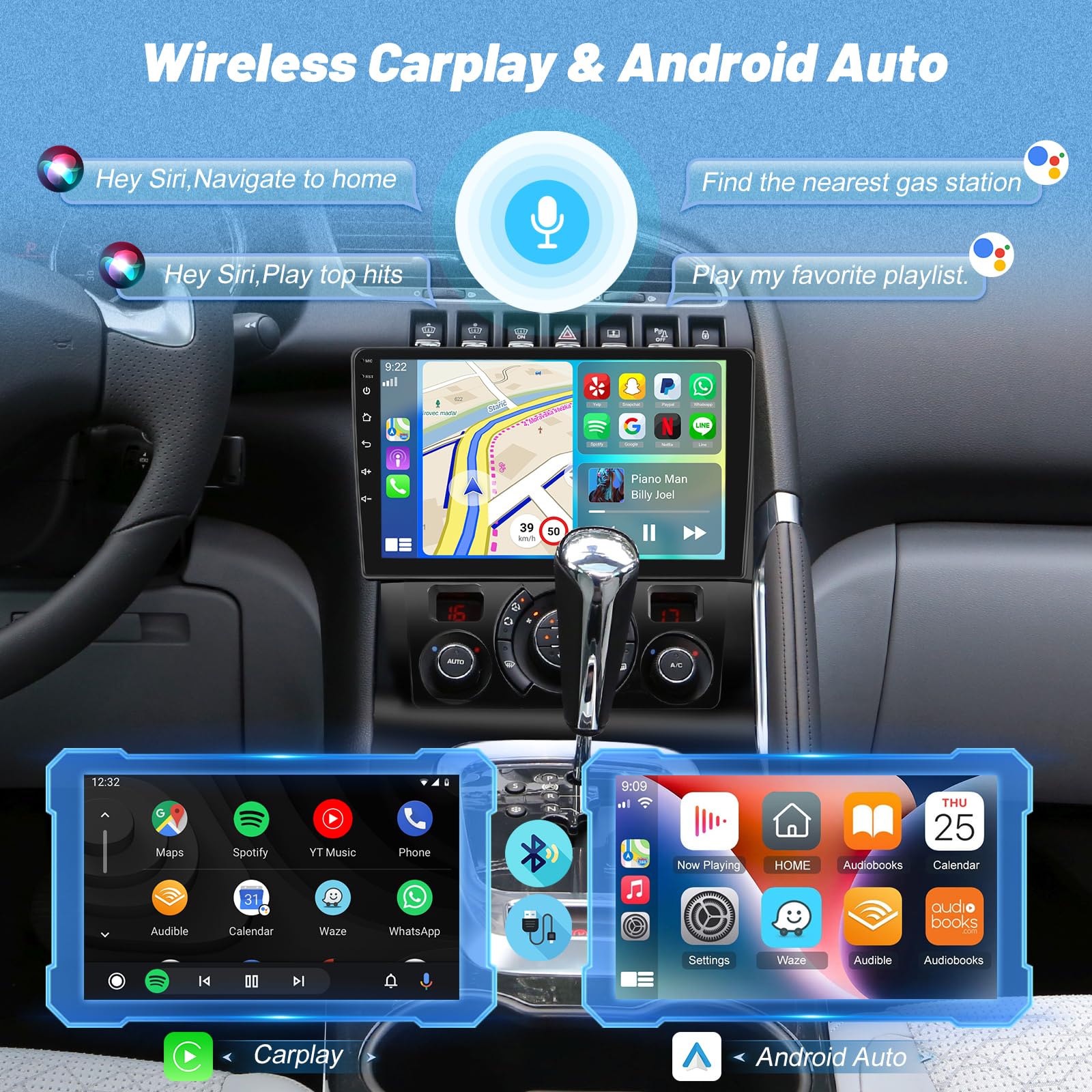 Android 2G+64G Autoradio pour Peugeot 3008 2009-2015, Wireless Carplay & Android Auto Radio à Écran Tactile 9 Pouces avec WiFi/GPS/Bluetooth/EQ/FM RDS Radio+Caméra de Recul +Mic
