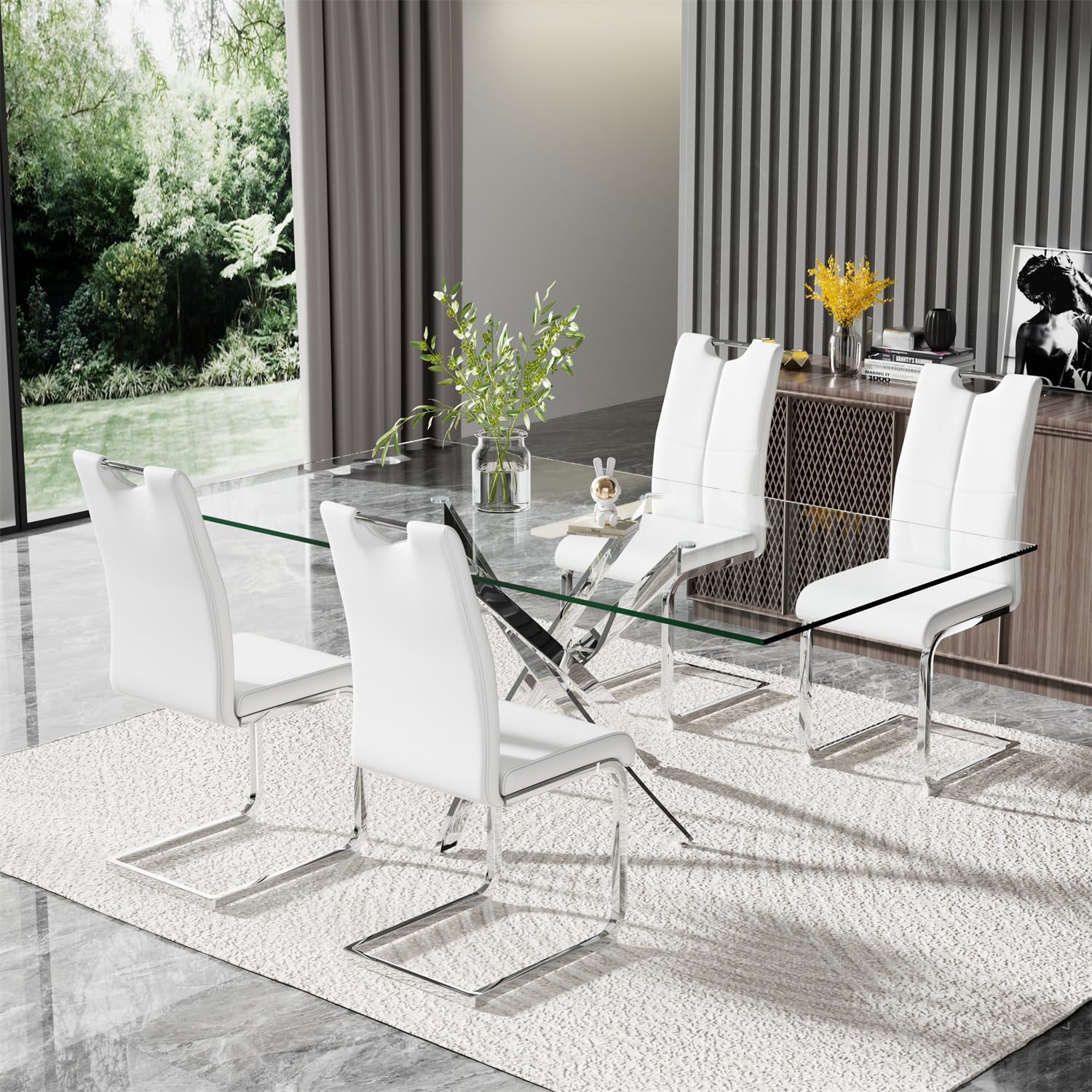 Modern 63 Inch Glass Dining Table Set for 4, 5 PCS Kitchen Table Set, Clear Tempered Glass Dinner Table with Silver Chrome Legs & White Upholstered PU