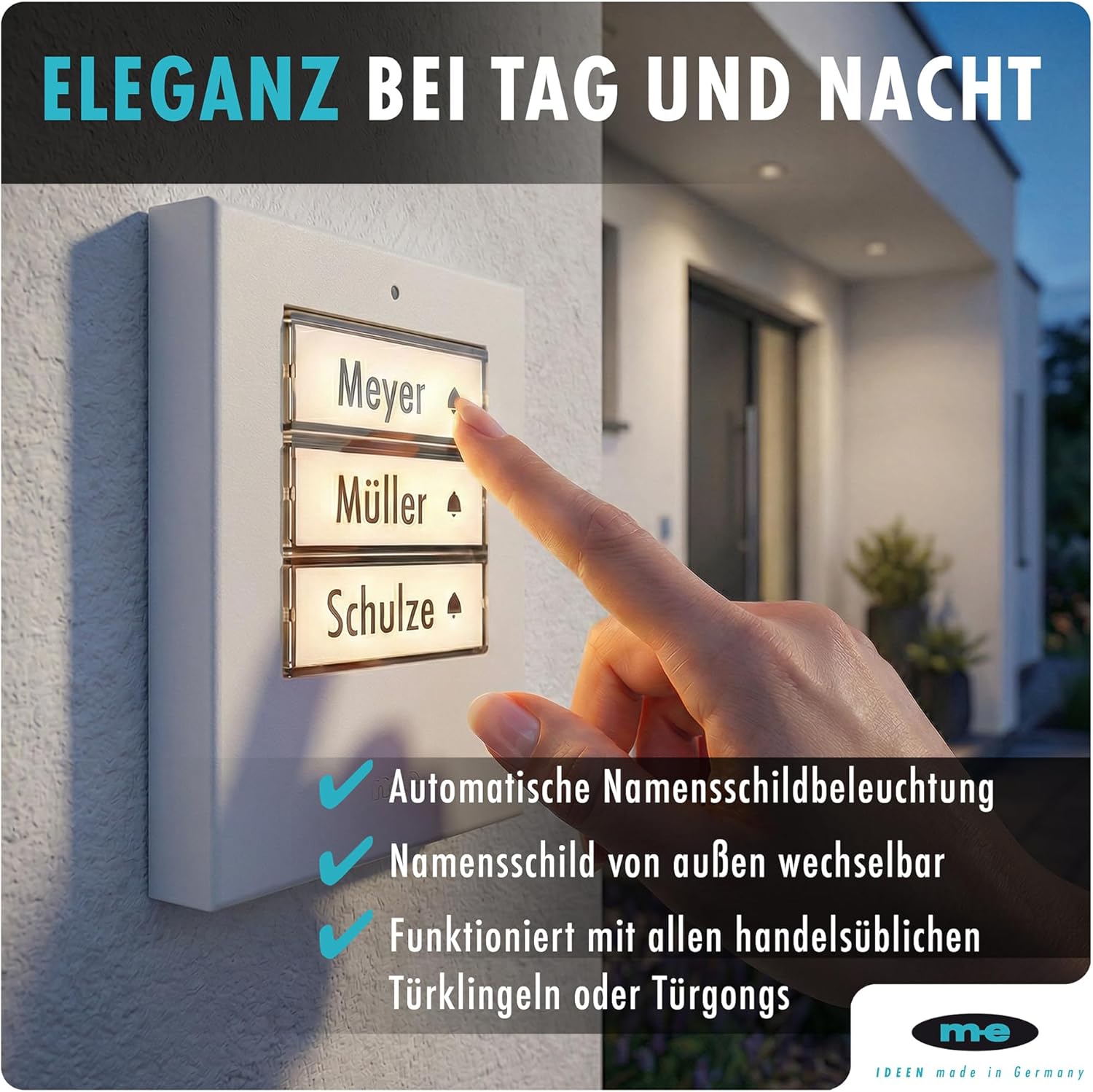 m-e Bell Push KTF-3 W for 3 Family House, Doorbell Push with Automatic Lighting, High-Quality Plastic Housing in White, Front Doorbell with Name Plate, Surface-Mounted Doorbell in Anthracite