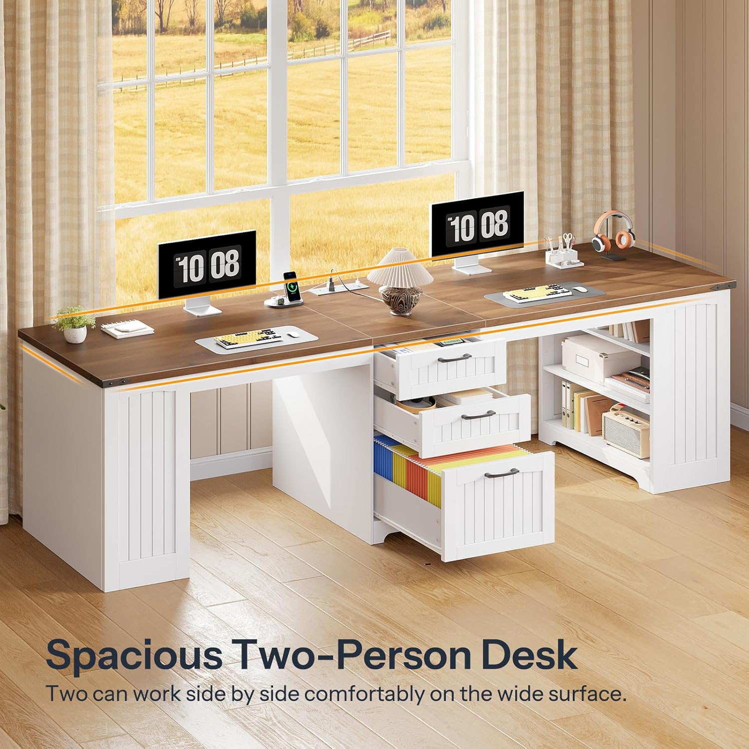 HOOBRO 94.5" Computer Desk with Power Outlet, 2 Person Office Desk with Drawers, Farmhouse Double Desk for Home Office, A4/Letter Size, Adjustable Shelves, White and Walnut WH240UDN01