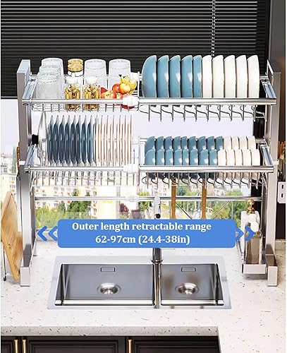 Miniatura 6 de LONONE Escurridor de platos para colocar sobre el fregadero, escurridor de platos grande ajustable para encimera de cocina, acero inoxidable 304, 2