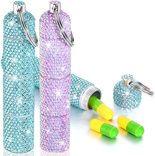 Pastillero brillante de 2 piezas con llavero de diamantes de imitación, pastillero portátil, llavero pequeño con purpurina, impermeable, pastillero disponible en Yaxa Colombia