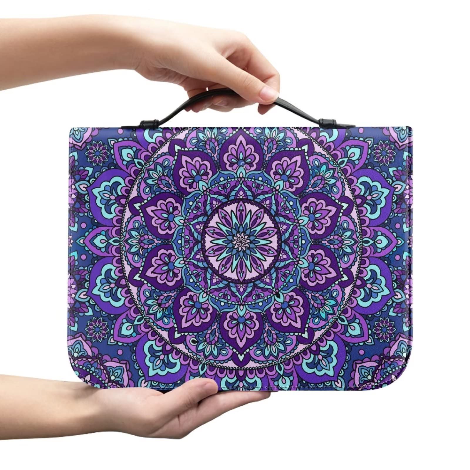 SEANATIVE Leather Bible Cover Bag Purple Mandala Flower Print Scripture Book Holder Portable Bible Carrying Case for Bible Study, Outdoor, Daily