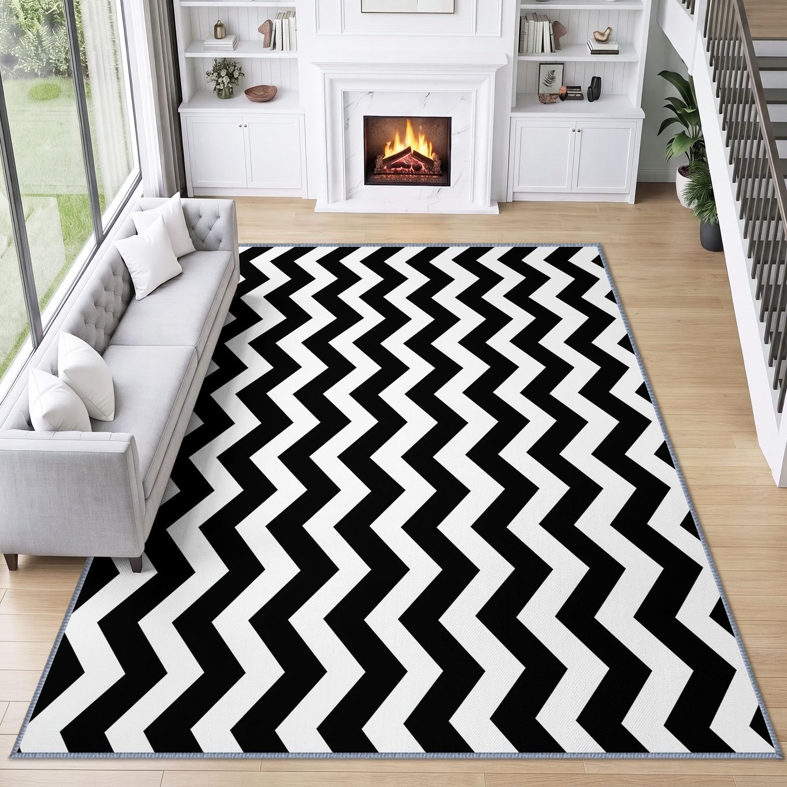 Tapis de Salon 100 x 160 cm Rayures Horizontales Noir Blanc Tapis de Chambre, Doux et Antidérapant Médiéval Géométrique Lavable en Machine Paillasson pour Salon Cuisine Couloir et Décoration Maison