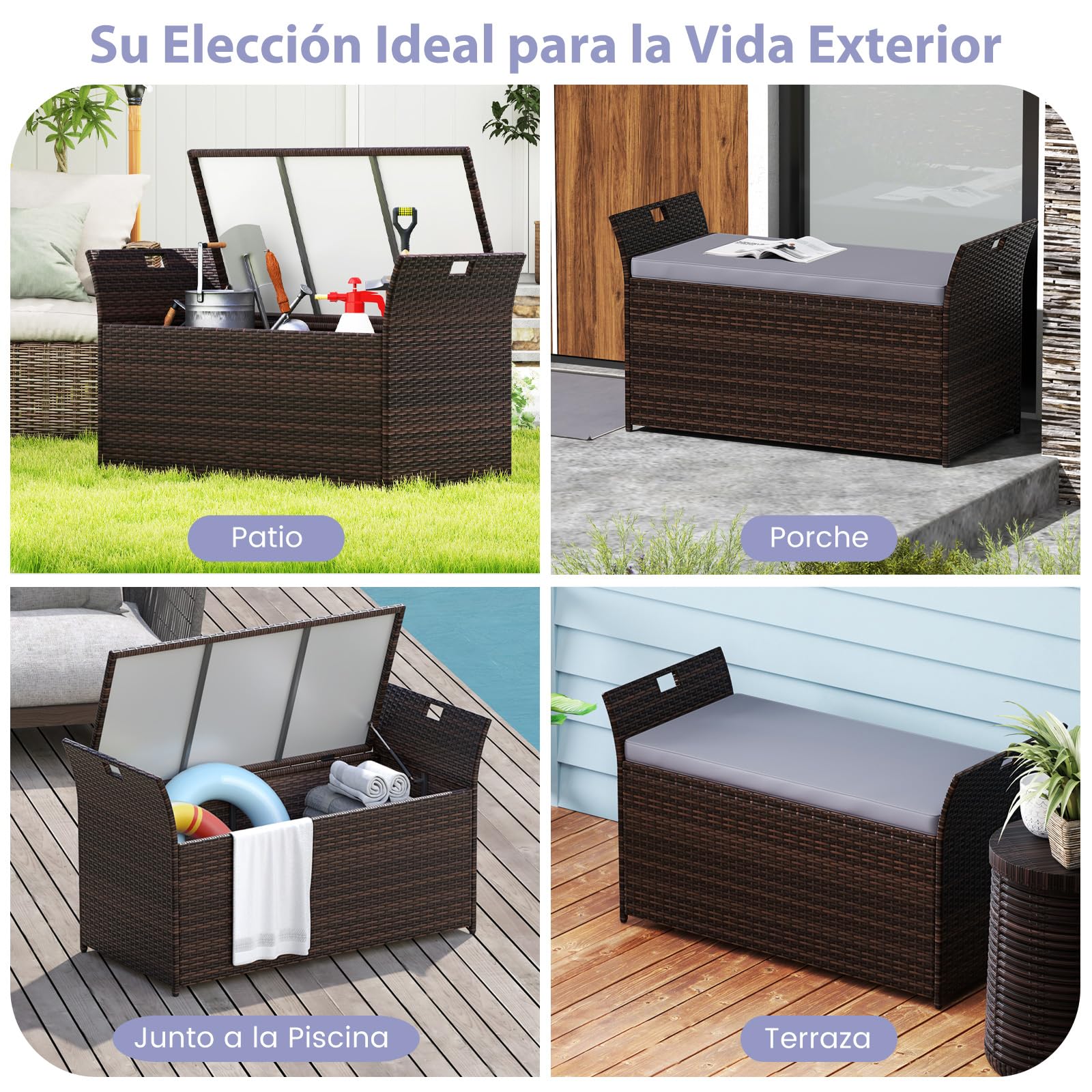COSTWAY Banco Exterior con Ratán PE, Banco Almacenaje Exterior con Cojín y Manijas Laterales, Baul Almacenaje,125 x 56 x 71 cm, Marrón Rústico