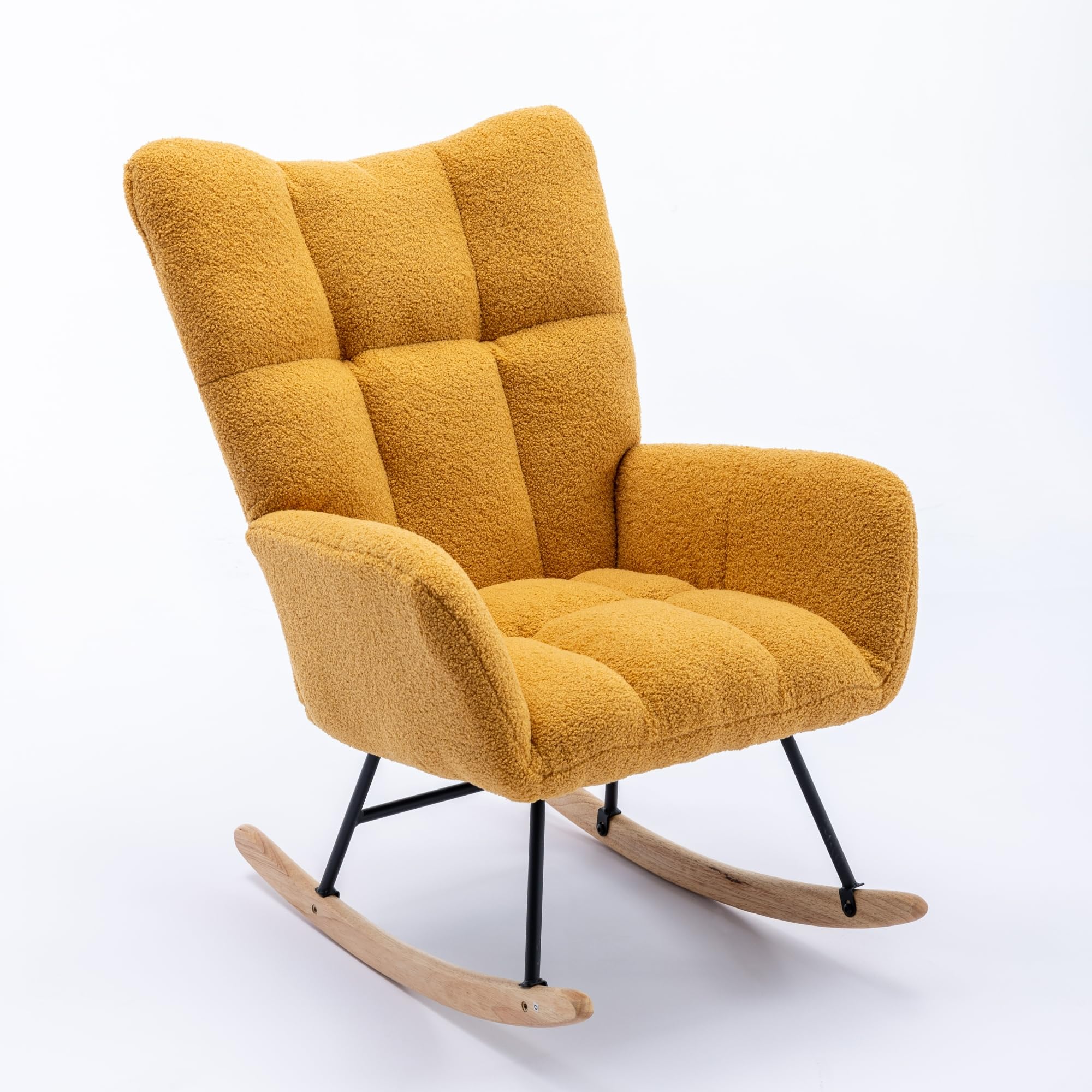 SPOFLYINN Rocking Chair for Nursery Wingback Glider Rocker with Safe Solid Wood Base Soft Teddy Fabric Rocking Chair for Living Room Bedroom Yellow