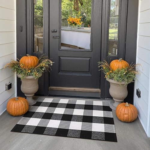 Vista 143 de Tapete Kimode de algodón, a cuadros, color negro y blanco, lavable, para porche, entrada, cocina