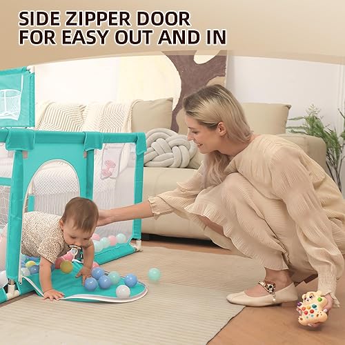 Miniatura 5 de Corralito para bebés y niños pequeños, 73 x 71 pulgadas, corralito para bebés con tapete para interiores y exteriores, con corralito transpirable