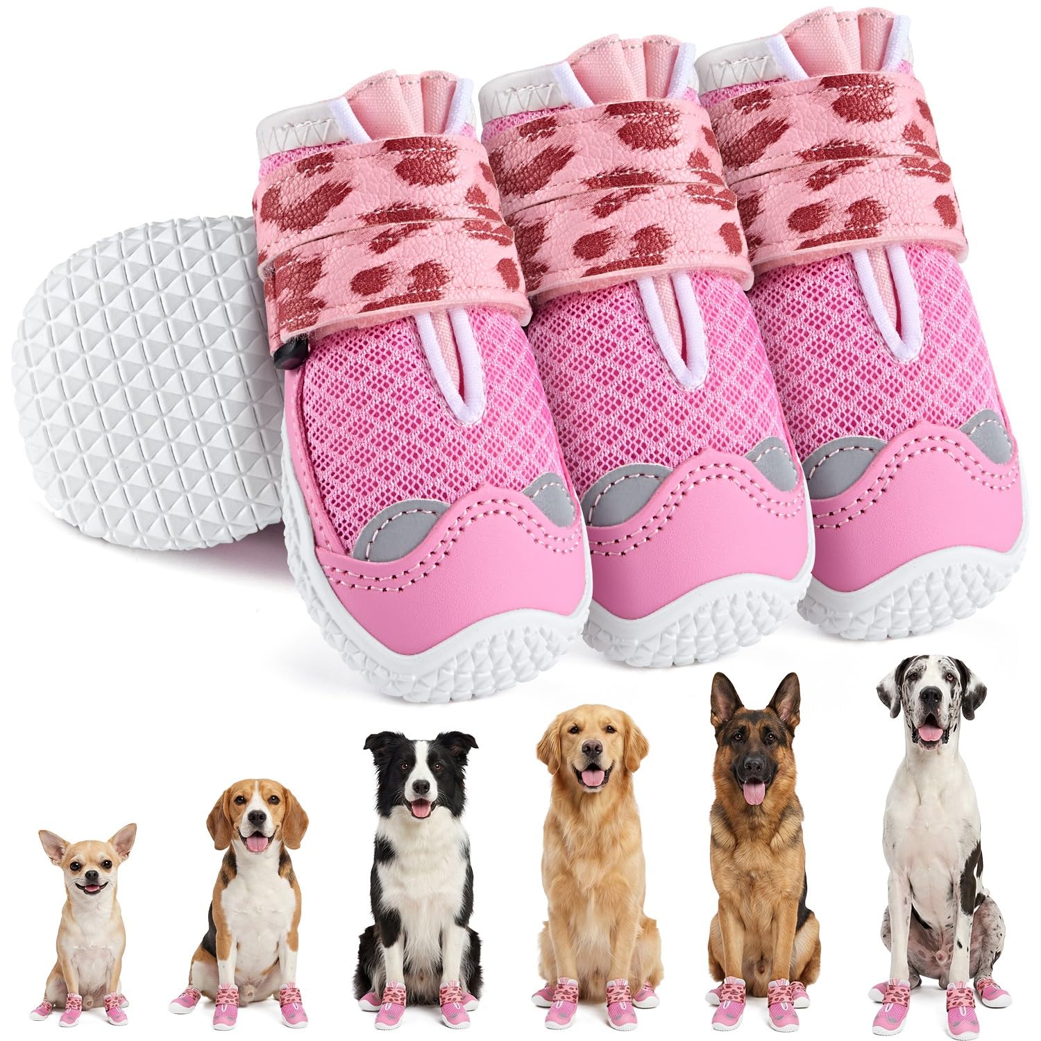 SlowTon Chaussures respirantes pour chiens de grande, moyenne et petite taille, bottes réfléchissantes pour chiens avec double sangle et semelle en caoutchouc souple, protège-pattes antidérapants pour