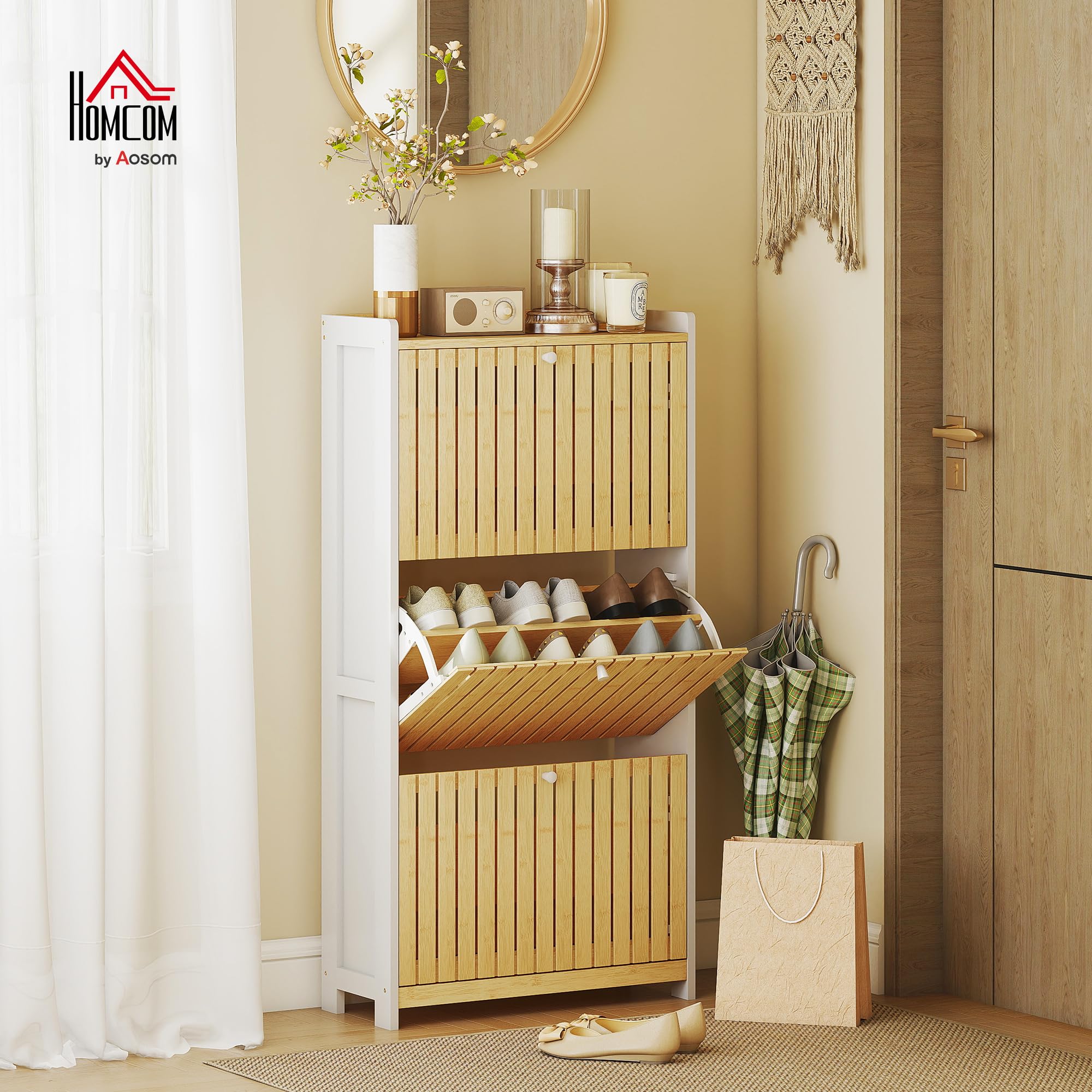 HOMCOM Meuble à Chaussures 18 Paires, 60x24x118cm Blanc et Bois Naturel