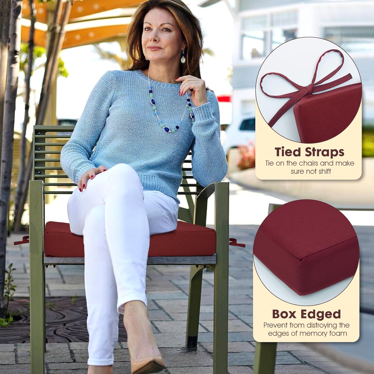 Outdoor Chair Cushions Set of 6 Fade Water Resistant, Patio Furniture Cushions with Non-Slip Ties,Square Cushions for Outdoor Furniture and Lawn Dining Chairs, 18.5 x 16 x 3, Burgundy