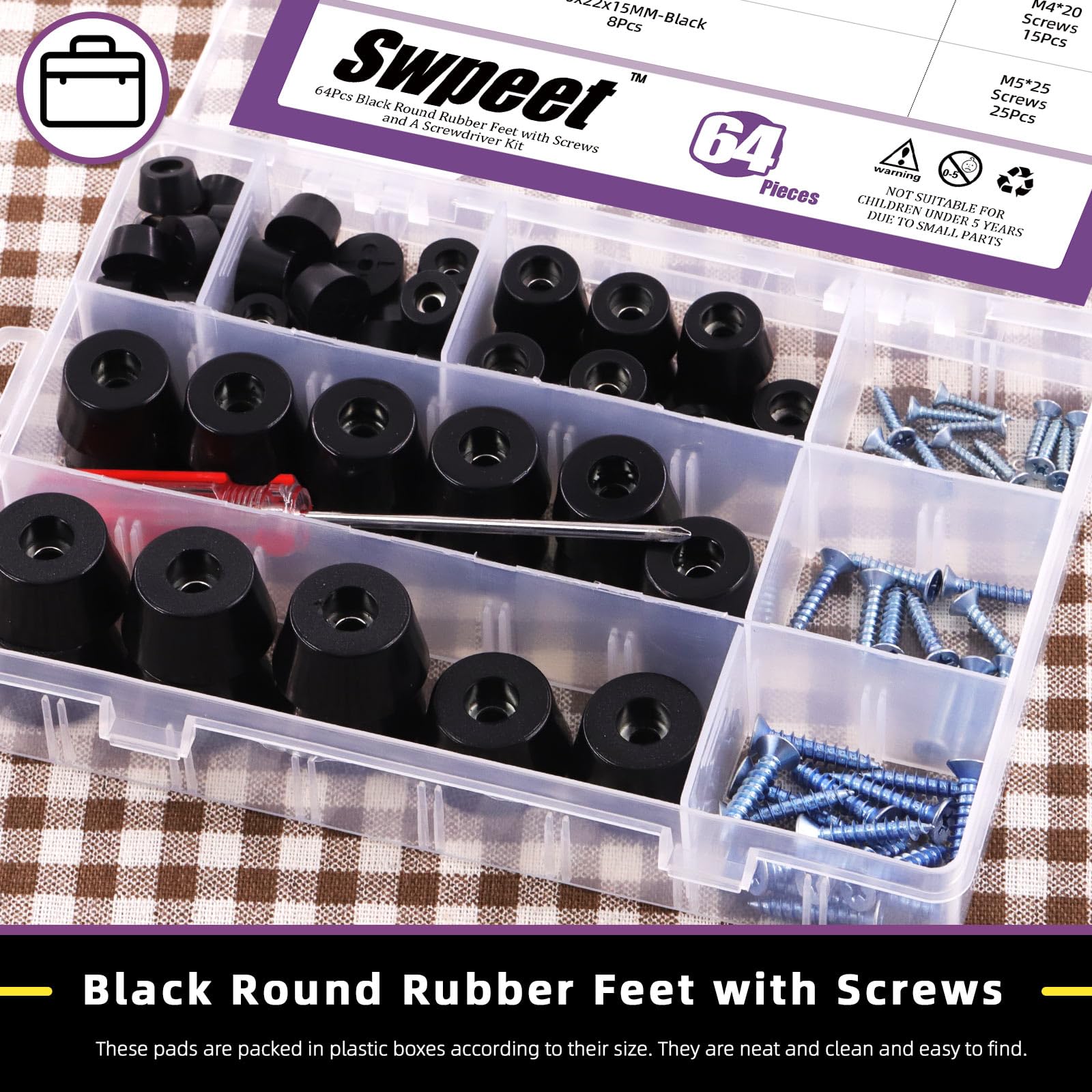 Swpeet 140Pcs Five Sizes 0.47''×0.28'' 0.59''×0.31'' 0.75''×0.43'' 1''×0.51'' 1.18''×0.59'' (W×H) Black Round Rubber Pads Assortment Kit with M3 M4 M5 Screws and Screwdriver Rubber Pads for Furniture - Image 3