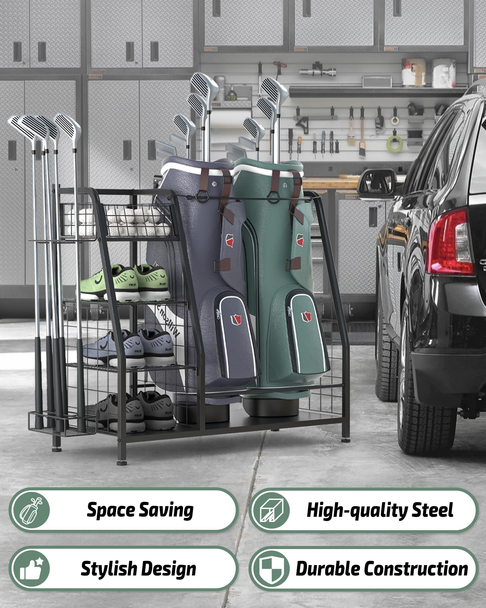 Support de Rangement pour Sac de Golf pour Garage – Double Organiseur de Sac de Golf avec Roues verrouillables – Organiseur de Golf pour Accessoires de Golf pour Homme –
