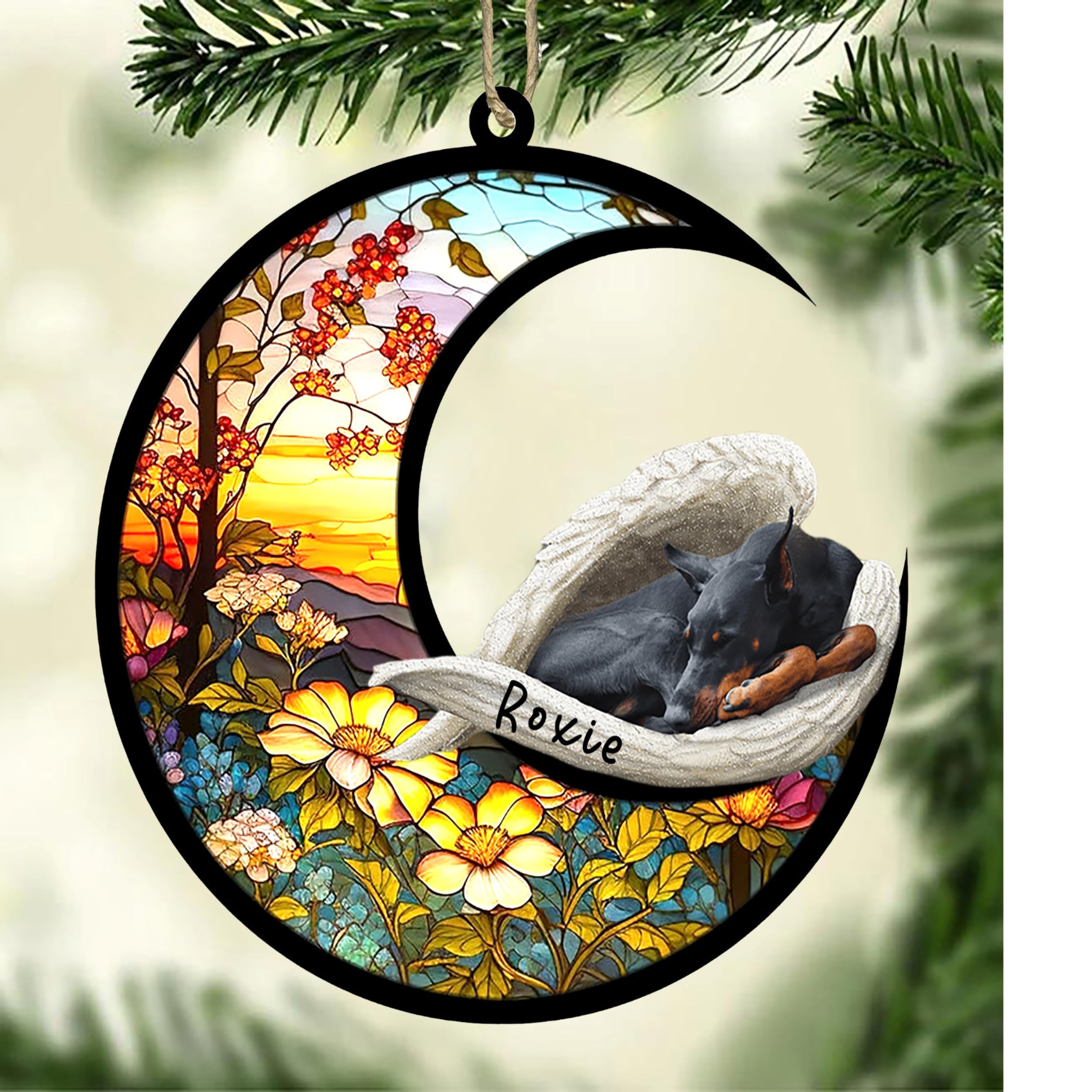 Personalized Doberman Dog Memorial Suncatcher, Doberman Christmas Ornament with Name, Pet Loss Catcher, Gifts for Dog Lovers Loss of Dog, Doberman Sleep on Haven