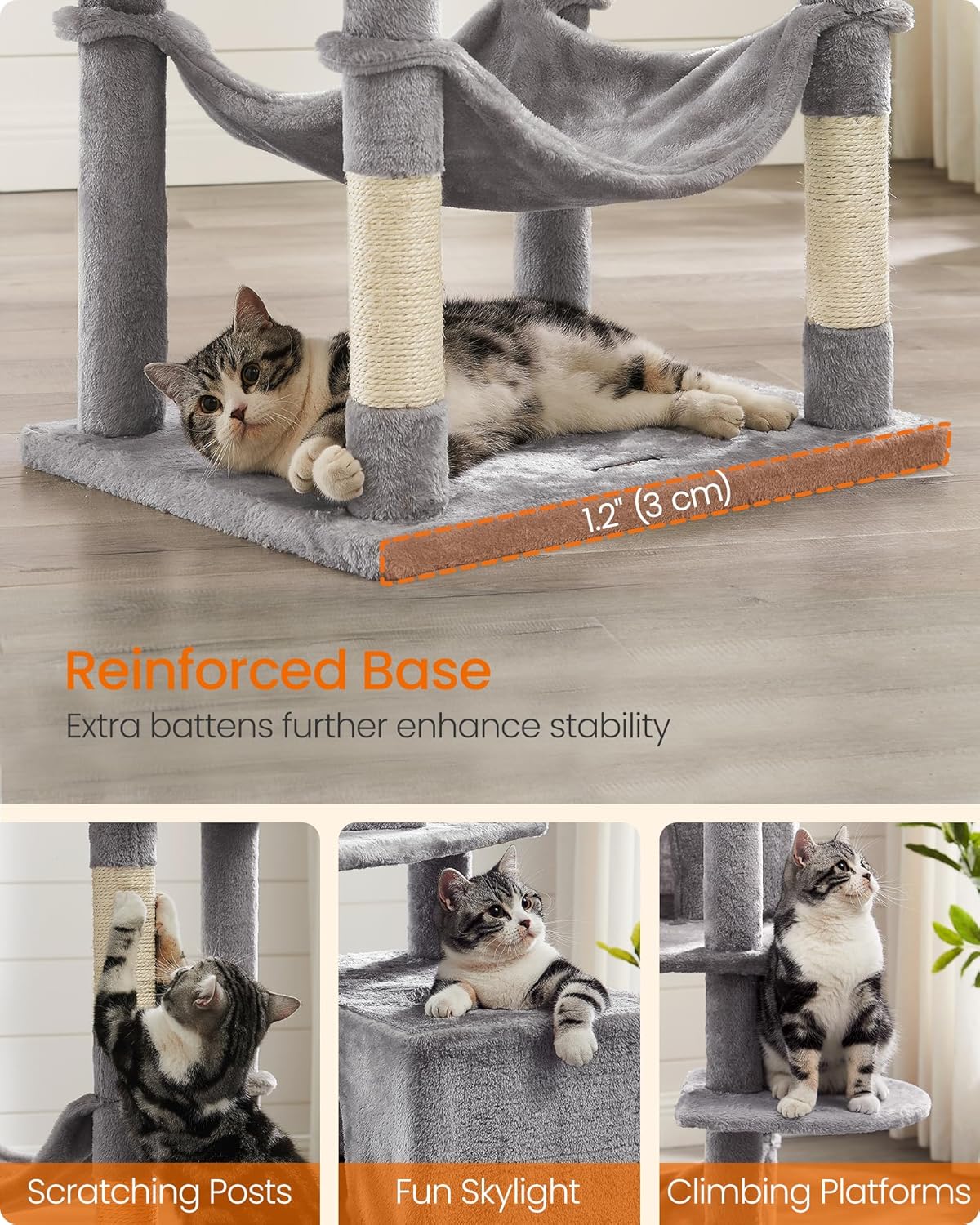 Composite image showing a cat scratching a post, a cat on a skylight platform, and a cat on a climbing platform.