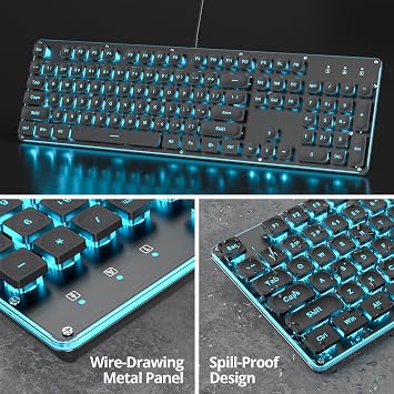 Quiet Keyboard Wired Membrane Keyboard Black, Full Size 104 Keys Light Up Key Board with Number Pad, Blue LED Backlit, Metal Panel, Squre Keycaps, USB Computer Keyboards (Black)