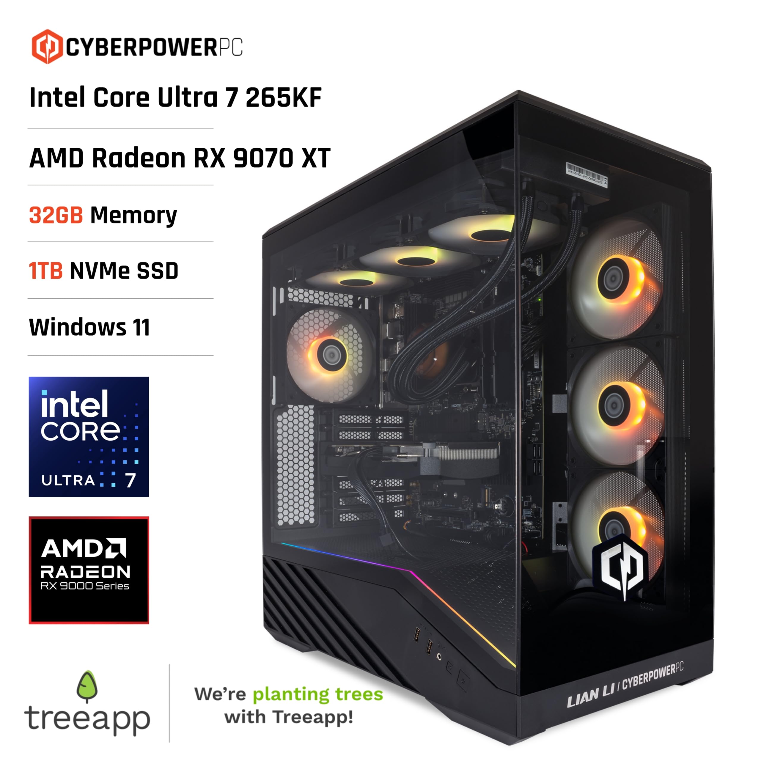 CyberPowerPC Luxe Gaming PC - Intel Core Ultra 7 265KF, AMD RX 9070 XT, 32GB RAM, 1TB NVMe SSD, 750W PSU, Windows 11, Liquid Cooling, V100R