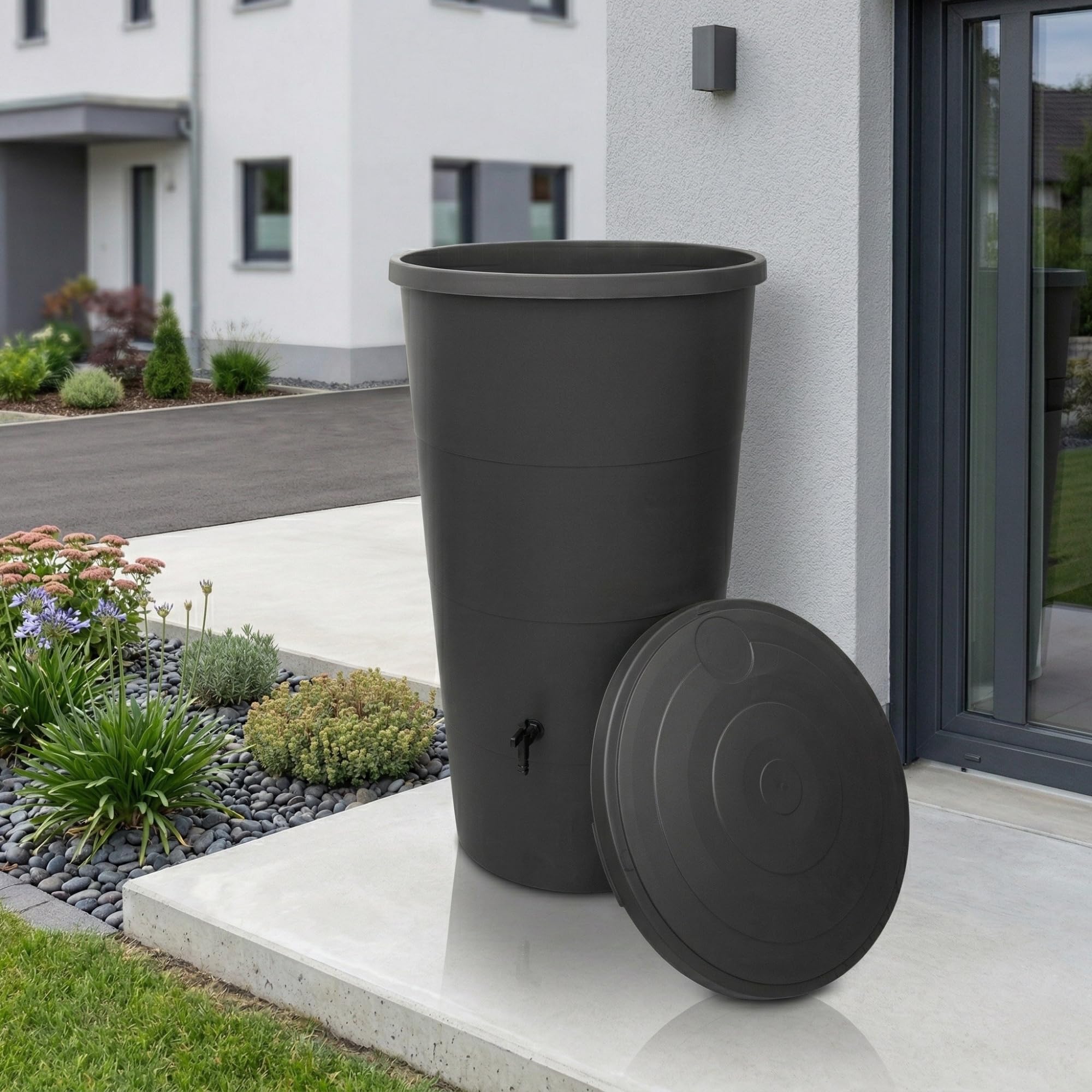 YourCasa récupérateur Eau de Pluie 200 litres [avec collecteur de Pluie] - avec raccord de Tuyau de Descente – Récupérateur Eau de Pluie avec Robinet - Reservoir Eau de Pluie (Anthracite, 200L)
