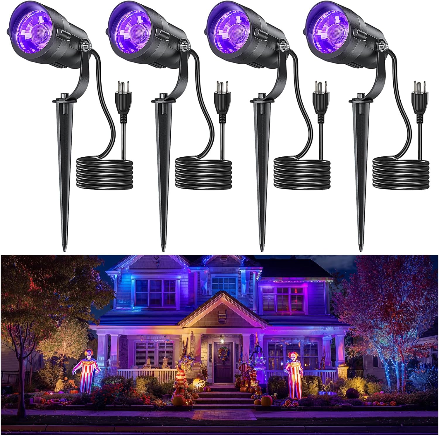 HIBOITEC Halloween Black Light Spotlight Outdoor 12W IP65 Waterproof LED Spot Lights Landscape Lighting with US Plug for Glow Party Body Paint Yard Garden Decorations 4Packs