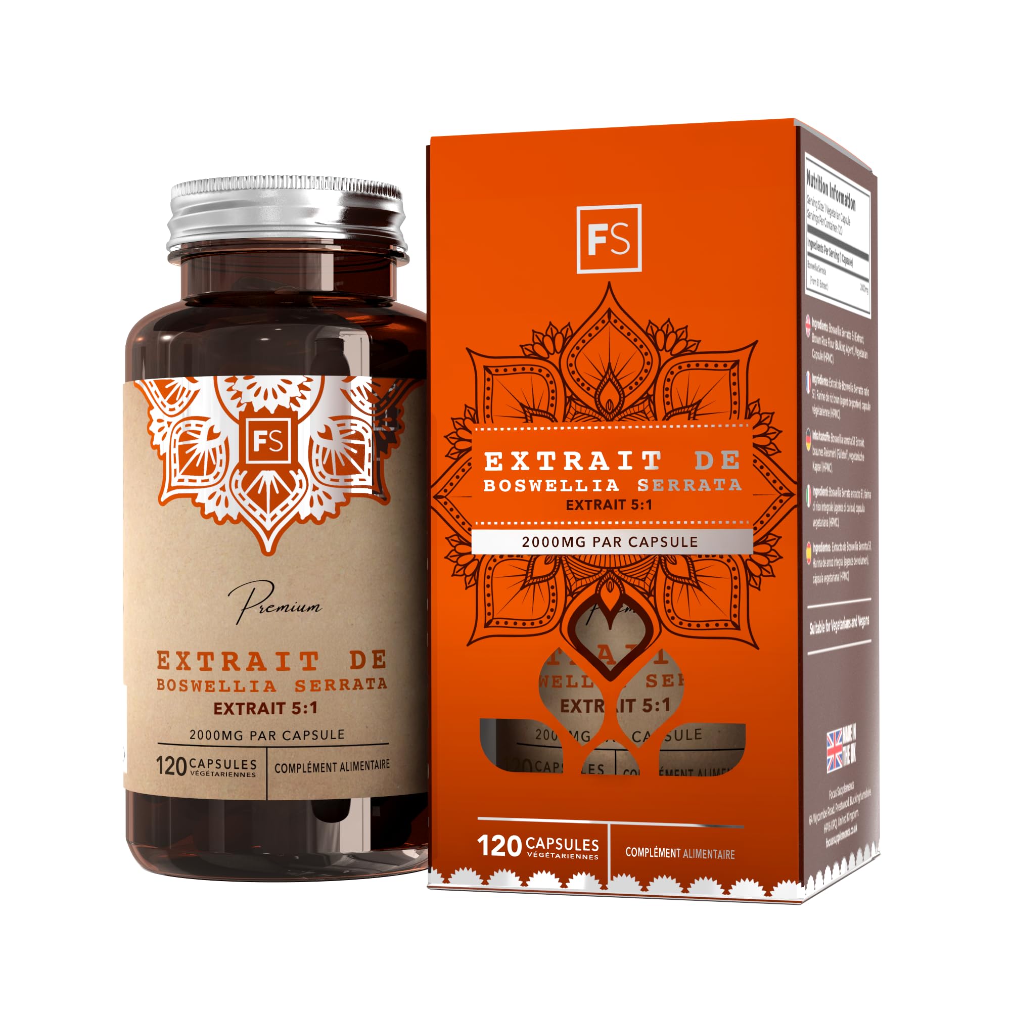 FS Boswellia Serrata | 120 Boswellia Haute Teneur Gélule - 5:1 Extrait 2000 mg par Portion | Sans OGM Sans Gluten Sans Produit Laitier | Fabriqué au Royaume-Uni