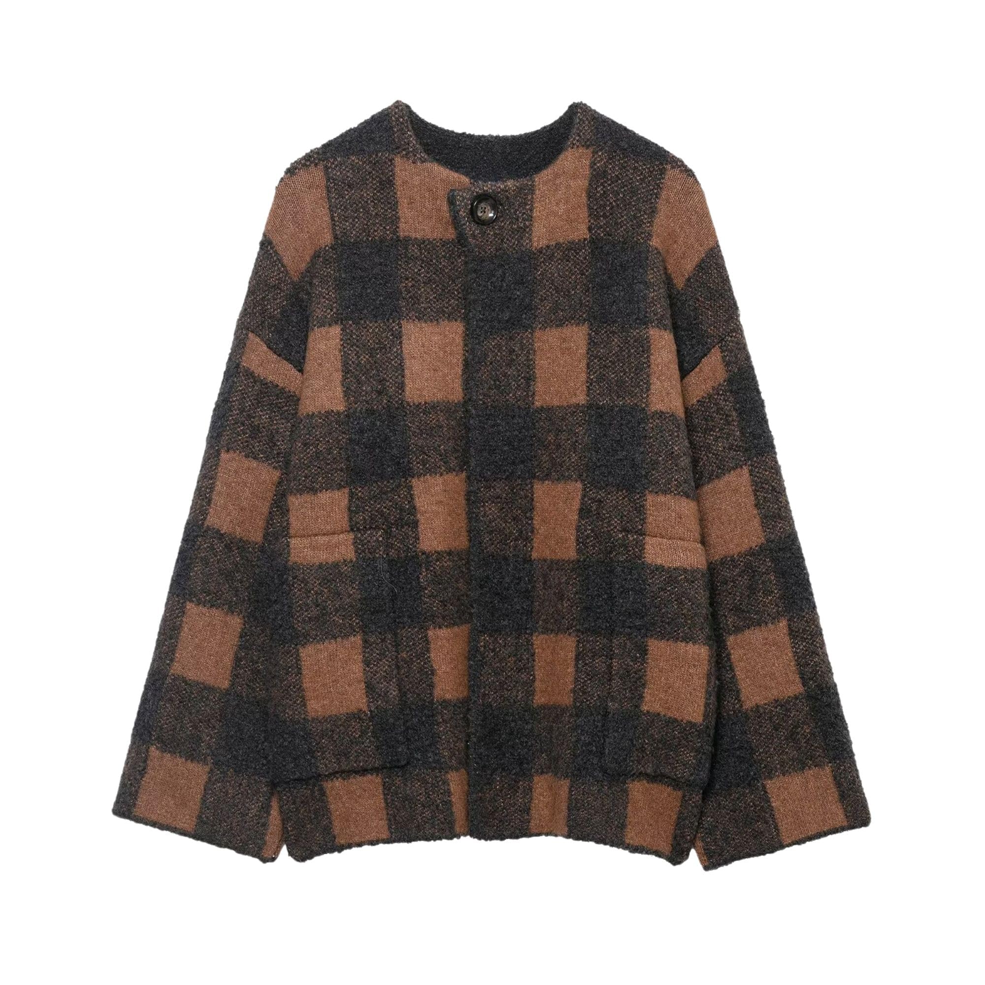 Chevara Womens Plaid Cardigan Sweater Vintage Round Neck Long Sleeve Button Down Fall Winter Knitted Outerwear Coat