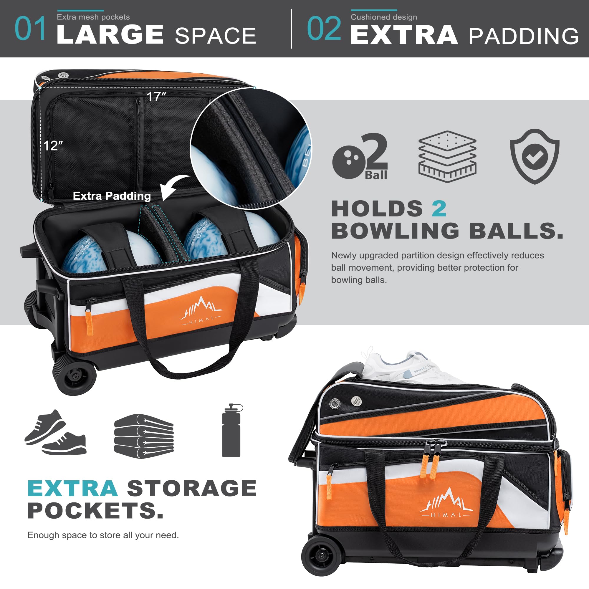 GoHimal Sac de bowling à double rouleau à 2 balles avec compartiment séparé pour chaussures de bowling (jusqu'à la taille 15) et une grande poche multifonction pour accessoires, tissu amélioré