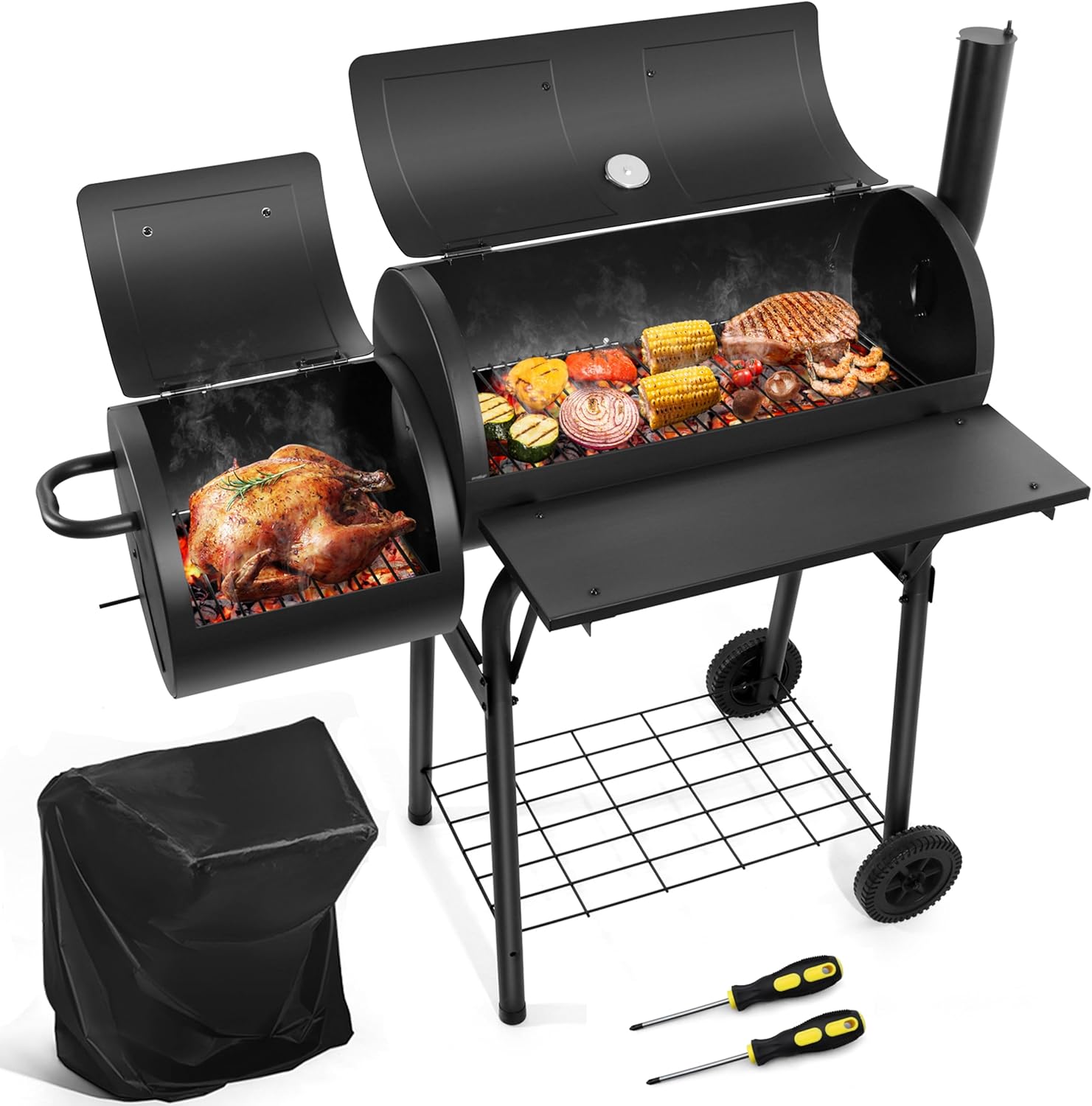 HaSteeL Outdoor Charcoal Grill with Cover, Large Barrel BBQ Grill with Offset Smoker, Great for Camping Patio Backyard Garden Party Picnic Beach, Large 420.SQ.IN Cooking Area, 2 Screwdrivers - Black