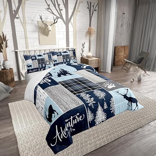Miniatura 2 de Juego de edredón de oso de caza, ciervo, edredón a cuadros tamaño King, juego de ropa de cama rústica de retazos de cabaña para niños, adolescentes,
