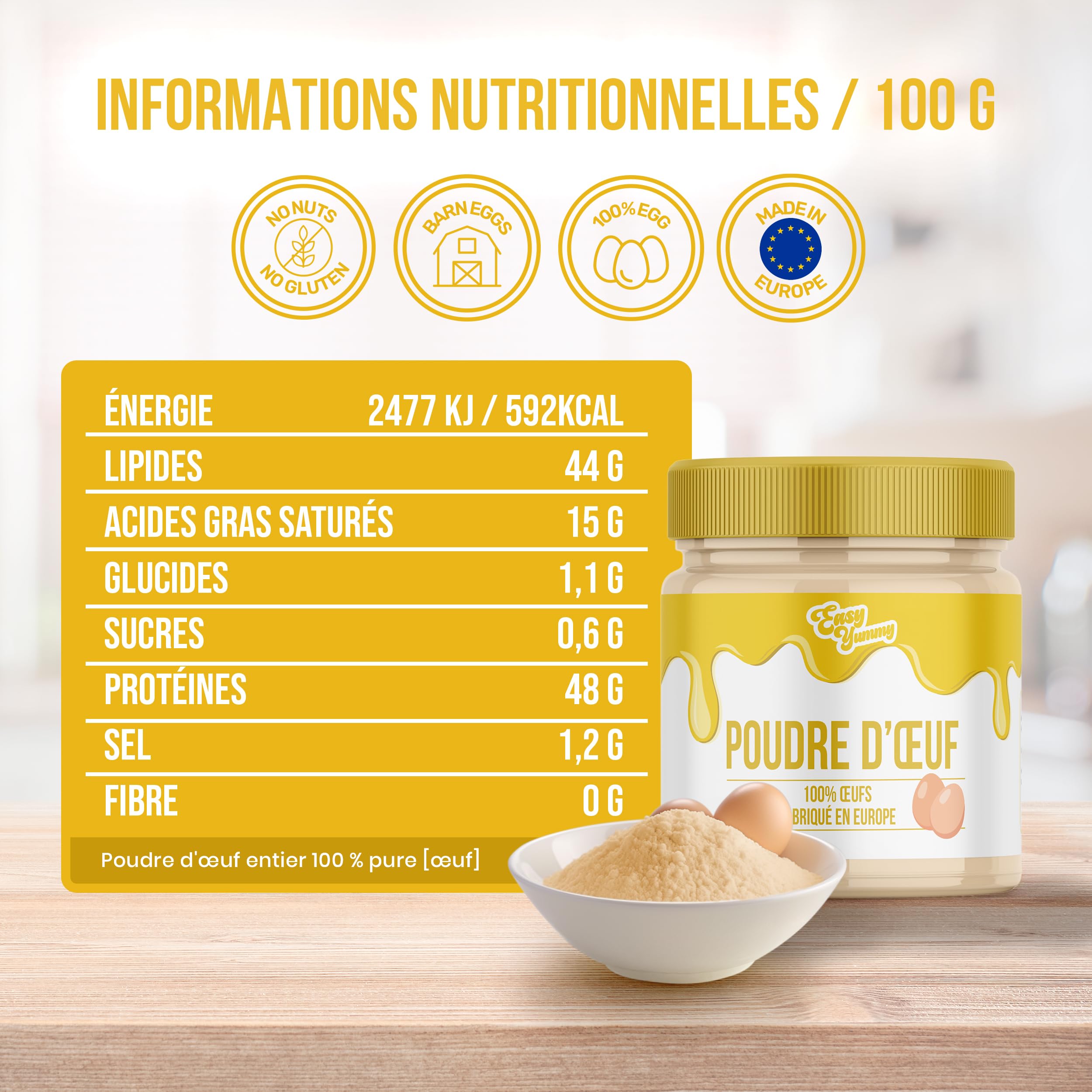 EASY YUMMY - Œuf entier en poudre pour la cuisine (500g), 100% d'œuf en poudre