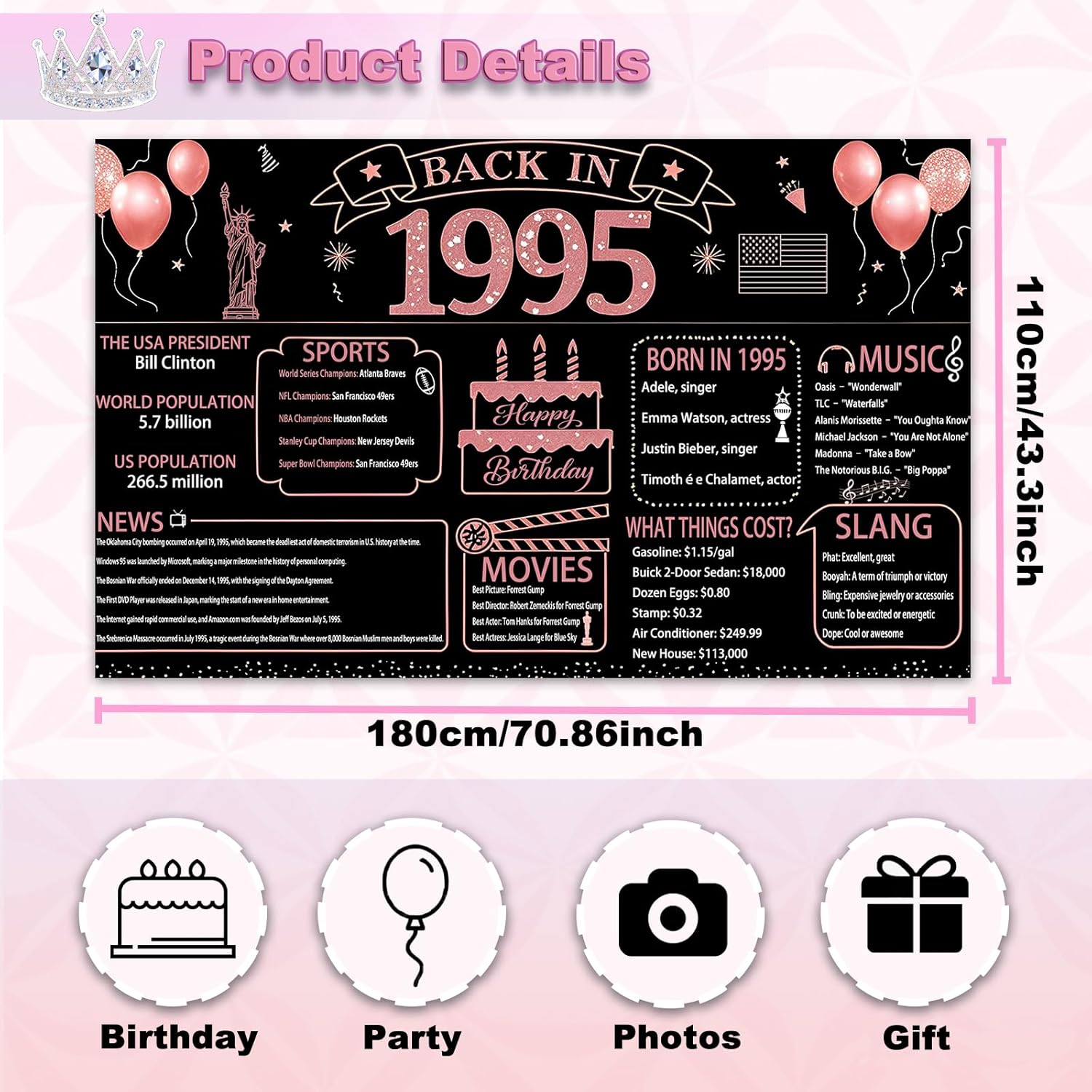 IVN Happy Birthday Decorations Banner 71x43 Inch Backdrop Rose Gold 1995 Nostalgia Theme Black Wall Poster for Men Women Kids - Image 3