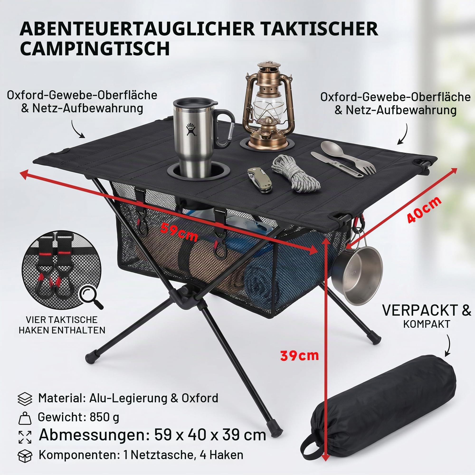 Campingtisch Klappbar Aluminium, Schwarz, 60x39x37cm | Ultraleicht, Taktisch, Aufbewahrungsnetz & 4 Haken, Tragbar, Für Camping, Picknick, Angeln, Grillen