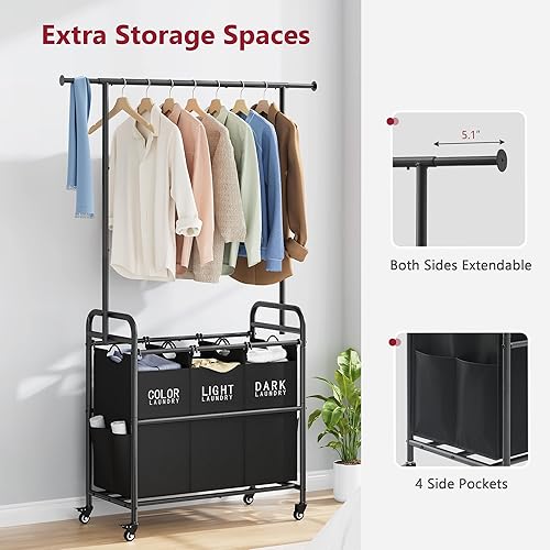 Miniatura 6 de Tajsoon Carrito clasificador de ropa sucia con estante para colgar, clasificador de ropa sucia de 3 secciones, cesta de lavandería con ruedas