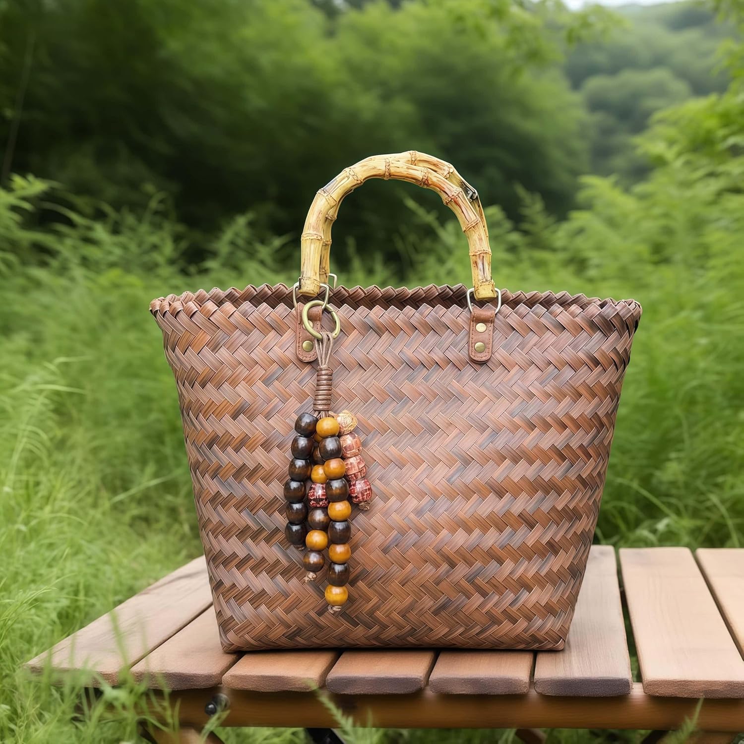 Handcrafted Artistic Patterned Wooden Beaded Keychain, Modern Bohemian Tassel Purse Charm, Delicate Artisan-Made Bag Ornament for Tote Bag - Image 3