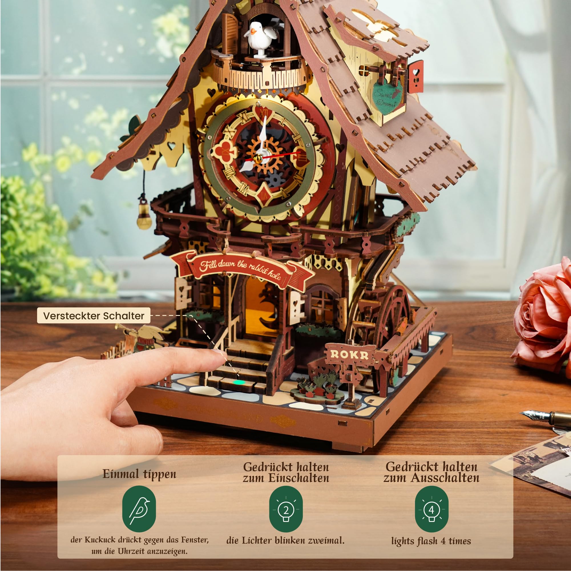 ROKR 3D Puzzle Kuckucksuhr Erwachsene, 3D Holzpuzzle Uhrenmodellbausätze, Geschenke und Dekoration für Erwachsene, Cuckoo Clock Mehrfarbig, LC901C