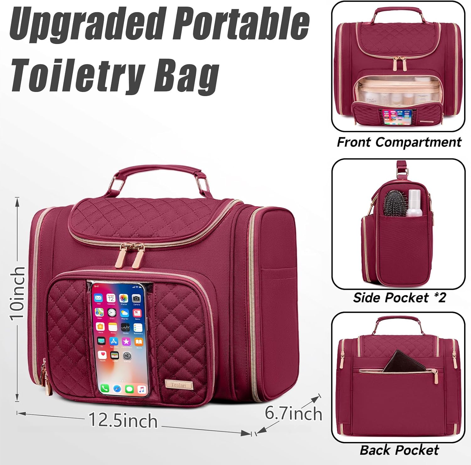 Tealari Large Toiletry Bag for Women Men,Bathroom Bag,Water Resistant Shower Bag,Makeup Bag,Toiletry Bags for Traveling,Hanging Toiletry Bag with Transparent Waterproof Phone Pocket
