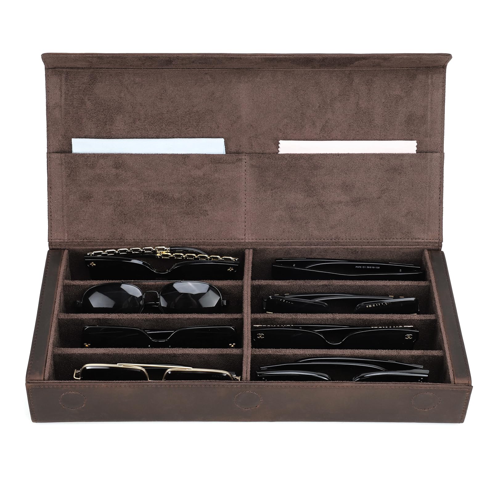 Contacts Brillenbox aus Leder für Herren/Damen, 2/4 Sonnenbrillenhalter, Reiseetui, Brillen-Organizer mit Mikrofaser-Futter und Reinigungstuch-Schlitz