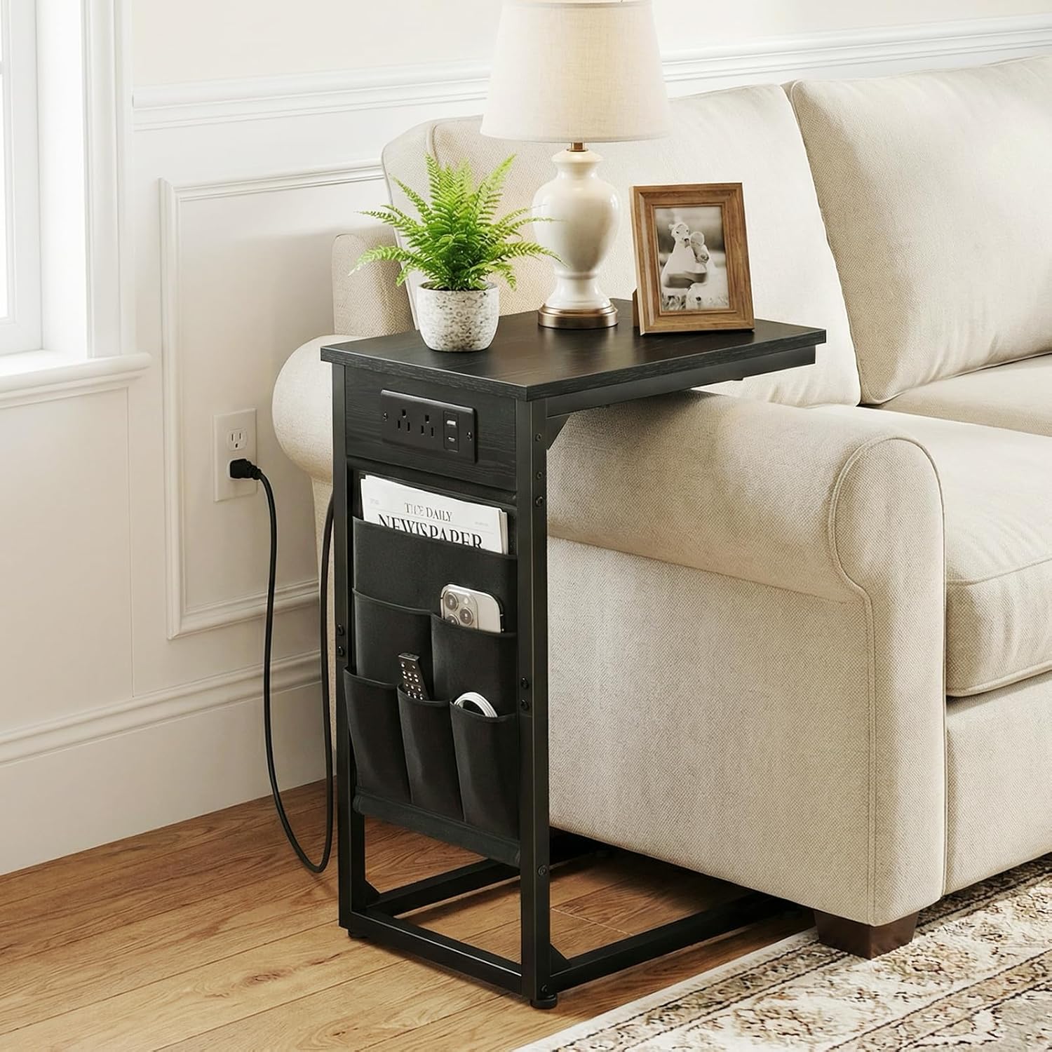 AMHANCIBLE C Shaped End Table with Charging Station, TV Tray Set of 2, Couch Tables with Storage Bag, Slide Under Sofa Side Table with USB Ports and Outlets for Living Room, Black, HET04CBK