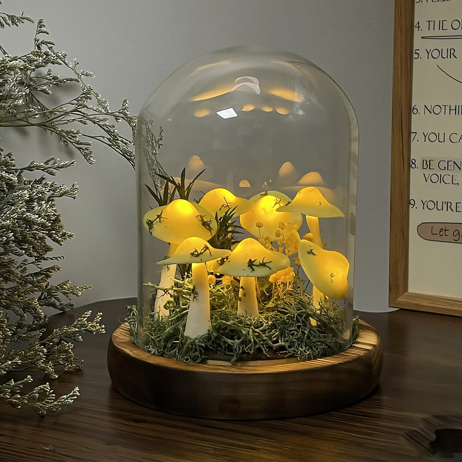 Mushroom Lamp, Decor LED Light in Glass Dome with Base for Home Bedroom Decor Birthday with Birthday Valentines Anniversaries Gifts Box (Yellow)