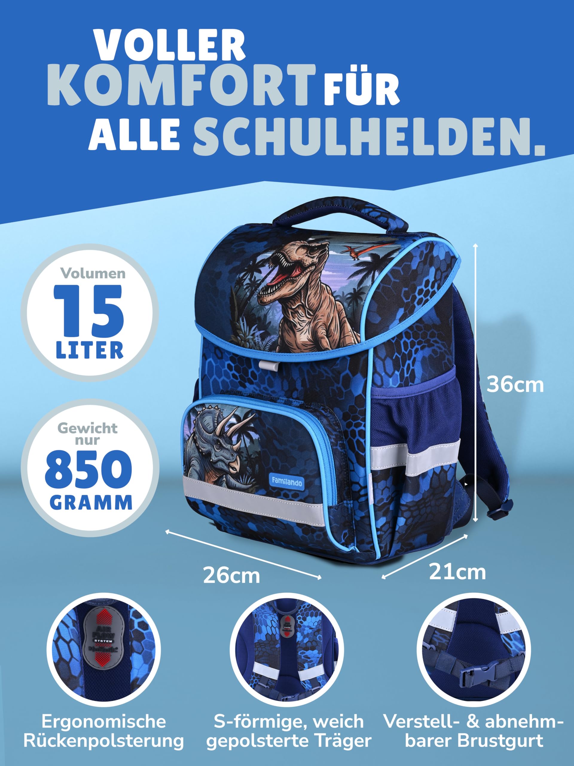 Familando - Basic-Plus Schulranzen Set - 10-teilig mit Schultüte - T-REX Dino - Ergonomisch, stabil & 850g leicht - 15L Volumen - Brustgurt & Reflektoren - Für Grundschule ab 1. Klasse