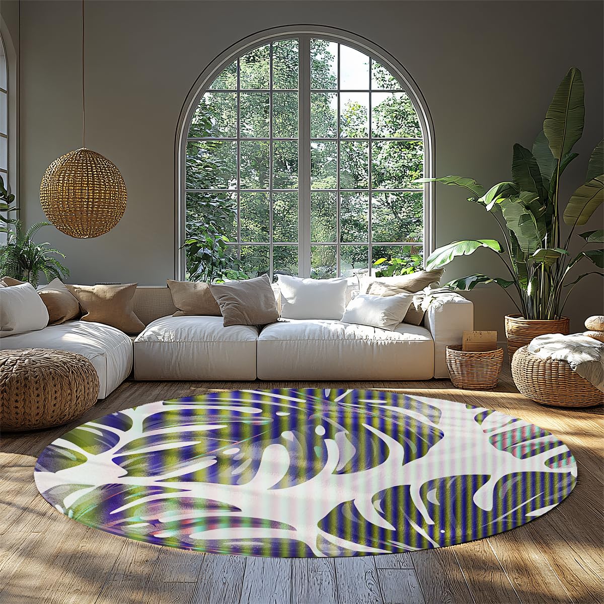 Tapis rond Monstera violet vert boho 100cm pour déco de chambre et salon