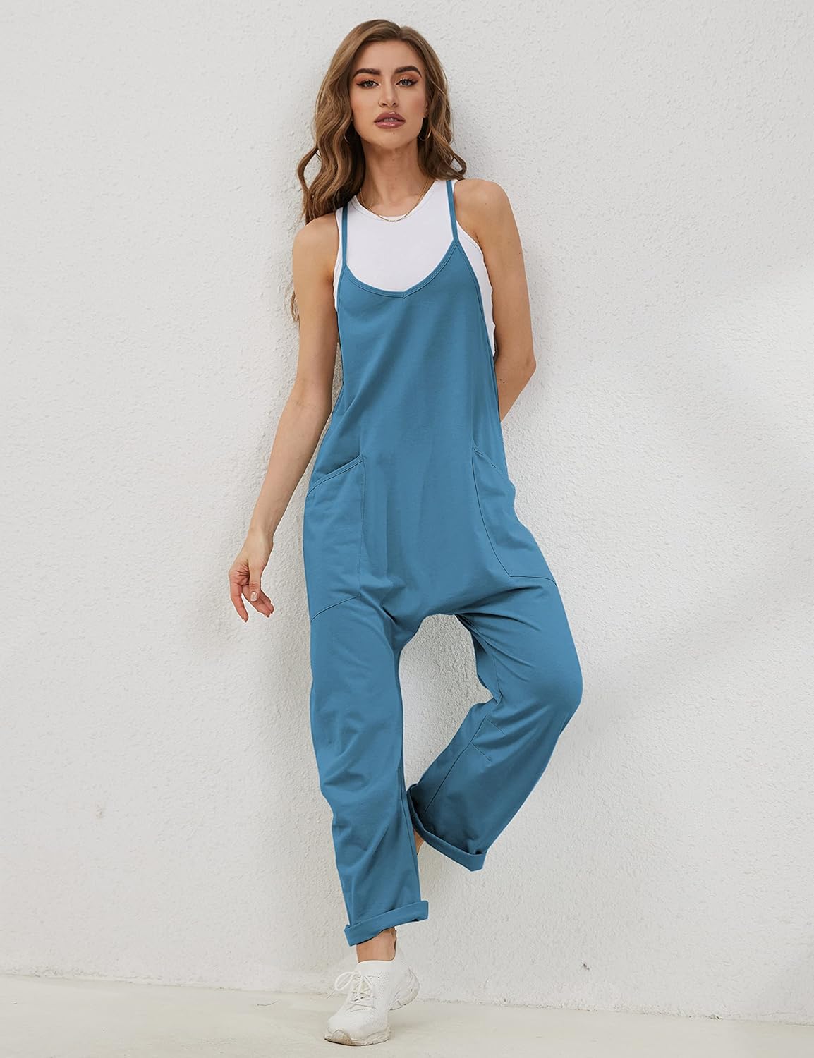 Lentta Women's Causal Jumpsuits V Neck Sleeveless Harem Overalls Stretchy Adjustable Strap Romper with Pockets - Image 3