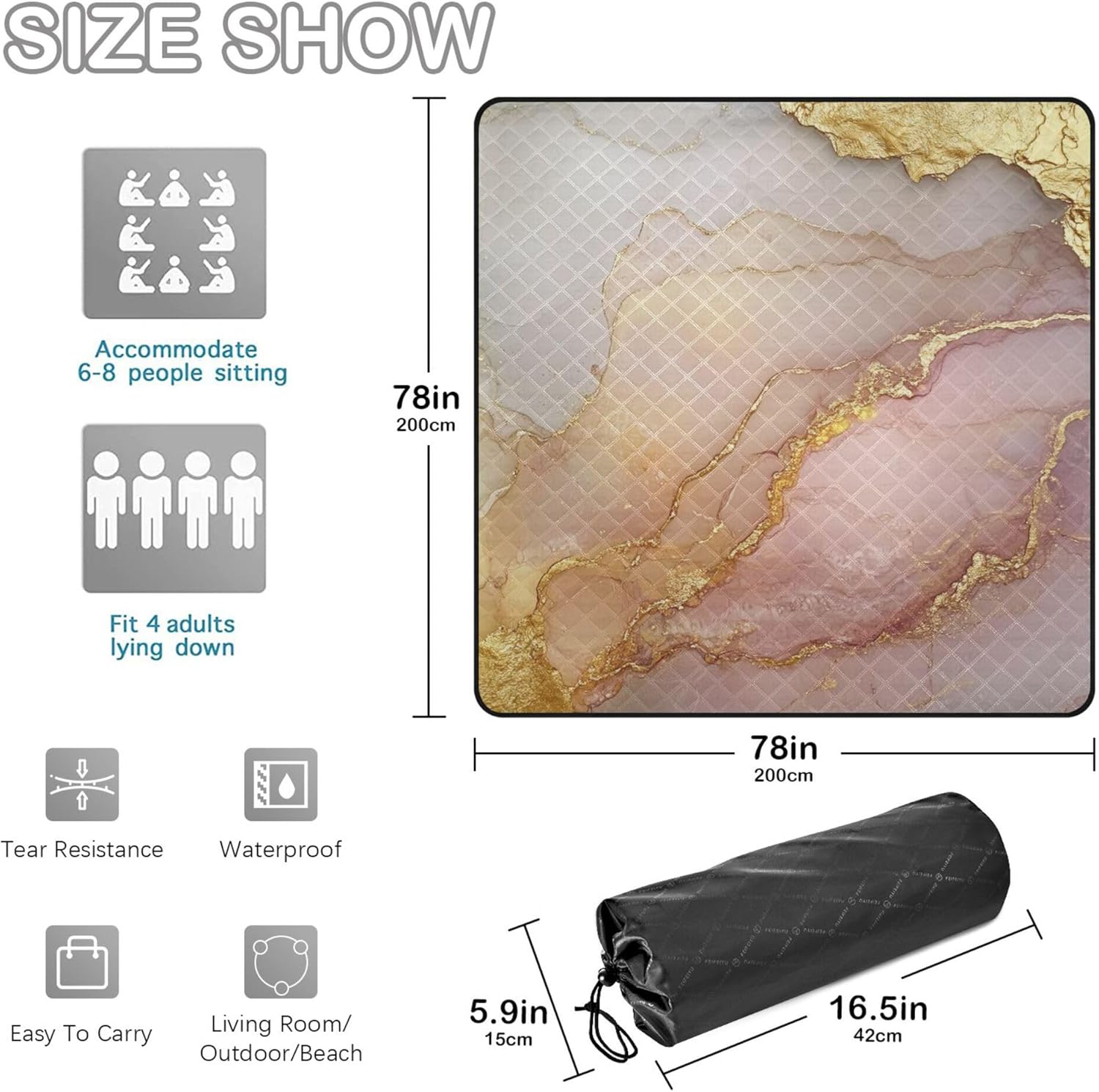 Yuiboo Marble Blush Neutral Waterproof Picnic Table Water Resistant Hiking Park Blankets Waterproof Foldable for Ground Concert Blanket esterilla para Playa