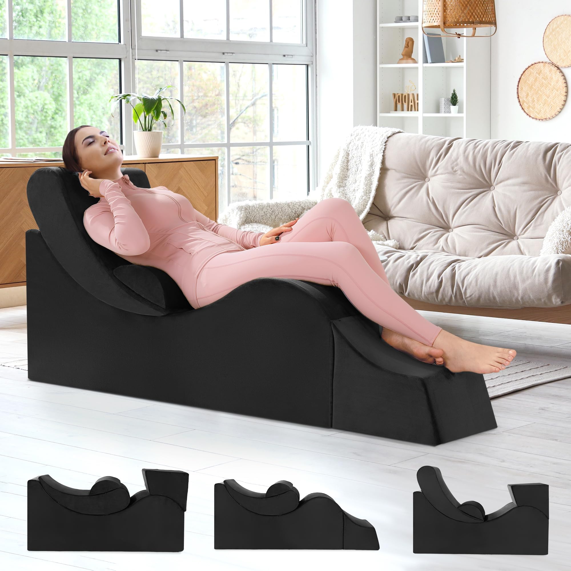 HOMBYS Yoga Chaise Lounge Indoor, Ergonomic Reading Chair for Adults, Multifunctional Foam Recliner for Living Room,Adjustable Footrests & Lumbar Support Pillow, 55"x19.7"x21.7", Black