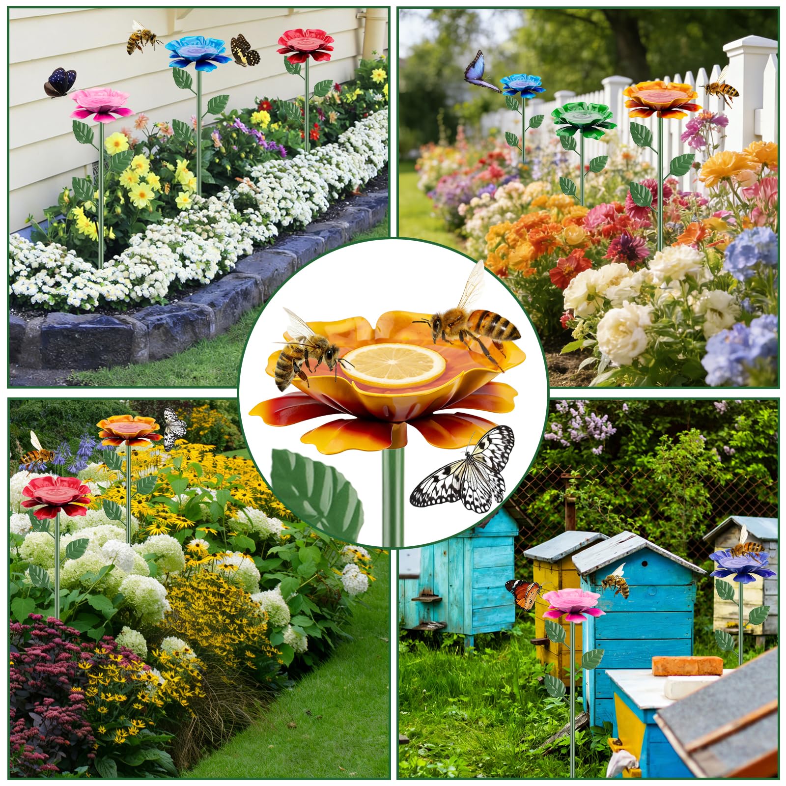 Bee Watering Station, Metal Bee Cups for Garden, Bee Butterfly Feeder with Flower Design, Colorful Butterfly Bee Bath for Outdoor Garden Yard Patio Decor, 6 Pack — view 7