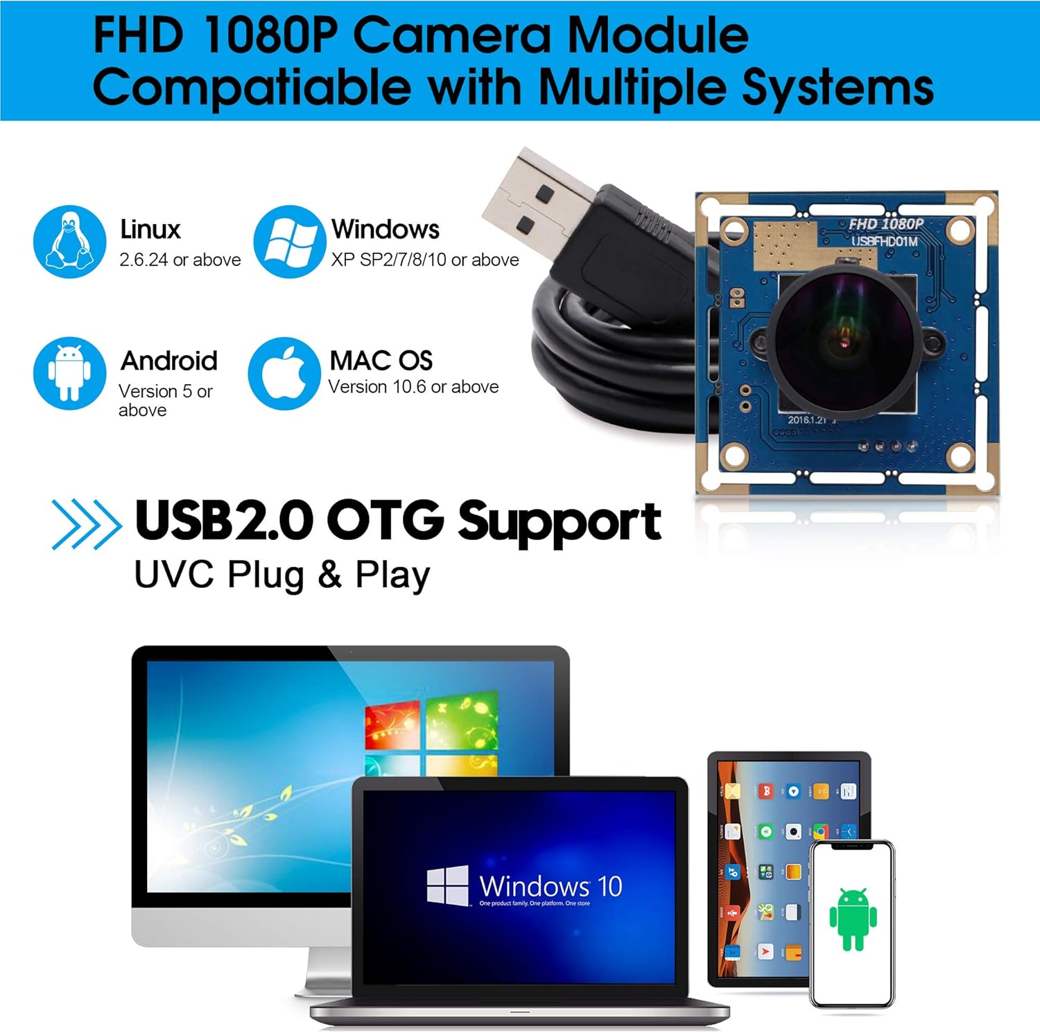 SVPRO USB Camera Board - 1080P Wide Angle Camera Module with Fisheye Lens, FOV 150 Degree, CMOS OV2710, 30/60/100fps for Android, Linux, Windows, Mac OS