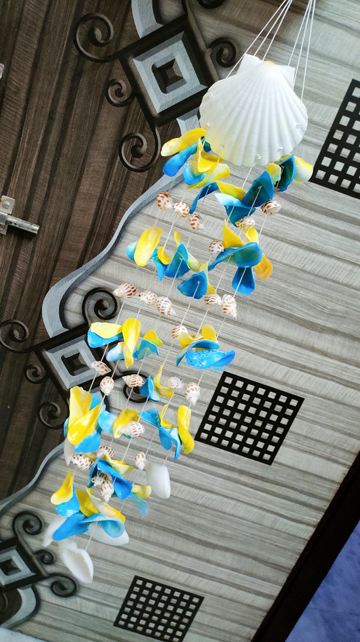 Shellkrafts Sea Shell Wind Chimes for Bedroom Balcony Garden |Home Decorative Item Unique Decor 34 Inch (Yellow and Blue)(seashell windchime)-image-25