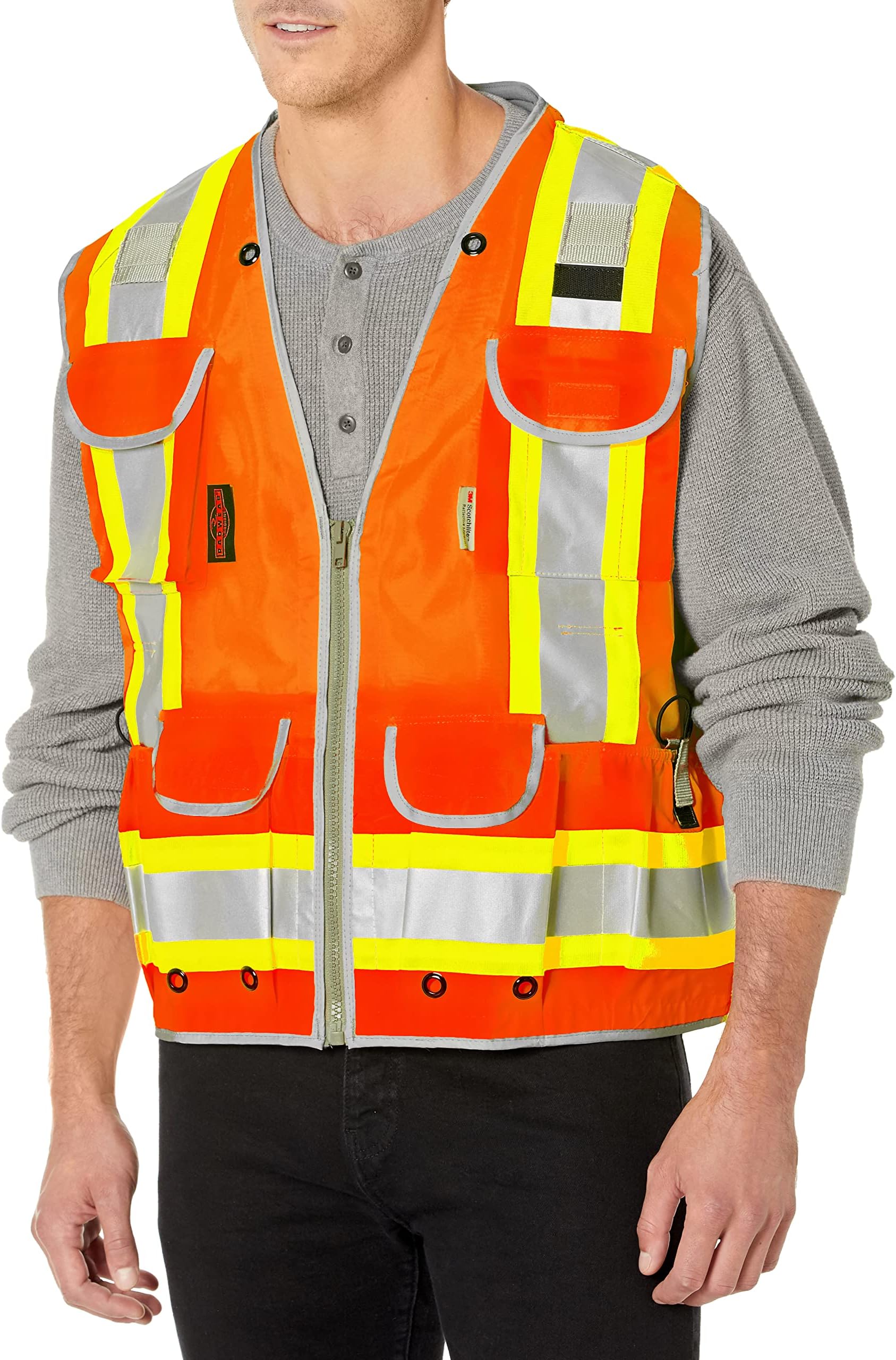 Radians SV55 Class 2 Heavy Woven Two Tone Engineer Vest with Padded Neck to Support Extra Weight in Cargo Pockets, Orange, Large