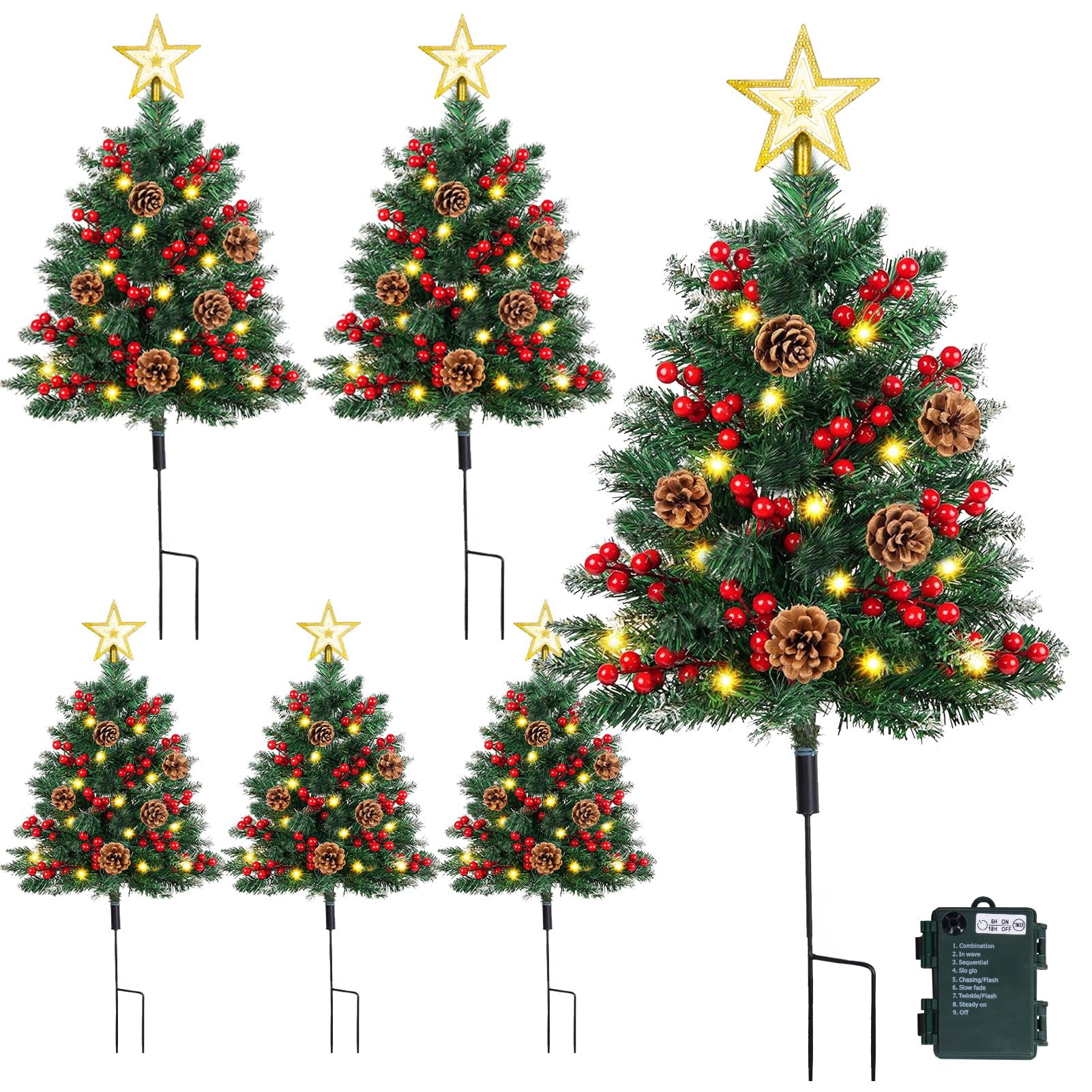 [Timer & 8 Lighting Modes] Set of 6 35.4lnchs Christmas Tree Urn Filler Xmas Trees with Cones, Berries, Battery Operated Christmastree with 2Pcs 30 Lights, Outdoor Christmastree for Planter, Porch