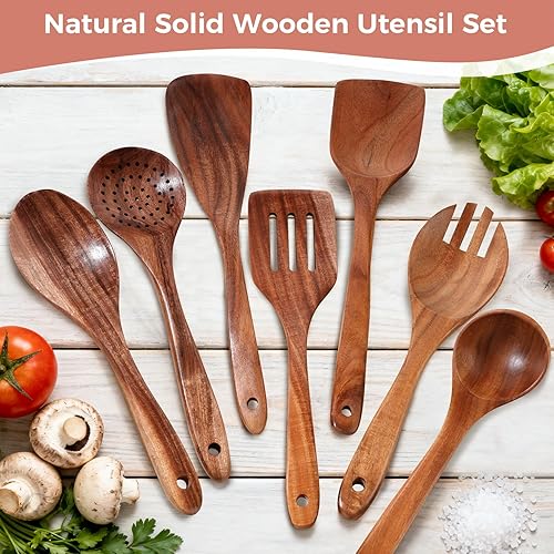 Miniatura 8 de Cucharas de madera para cocinar, juego de 7 utensilios de cocina de madera, juego de utensilios de madera de teca natural suave, utensilios de