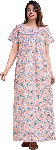 Happily Desi Pure Cotton Nighty for Women Free Size – Floral Printed Night Gown with Front Zip, Half Sleeve, Soft Breathab...
